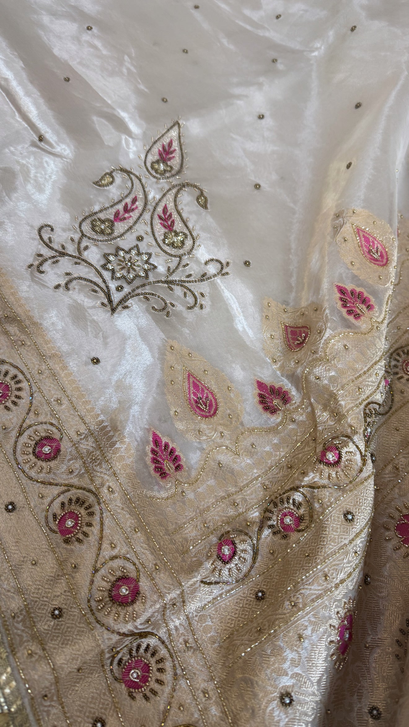 Moonlight silver diamond tissue silk pink meenakari hand embroidered kadhwa saree