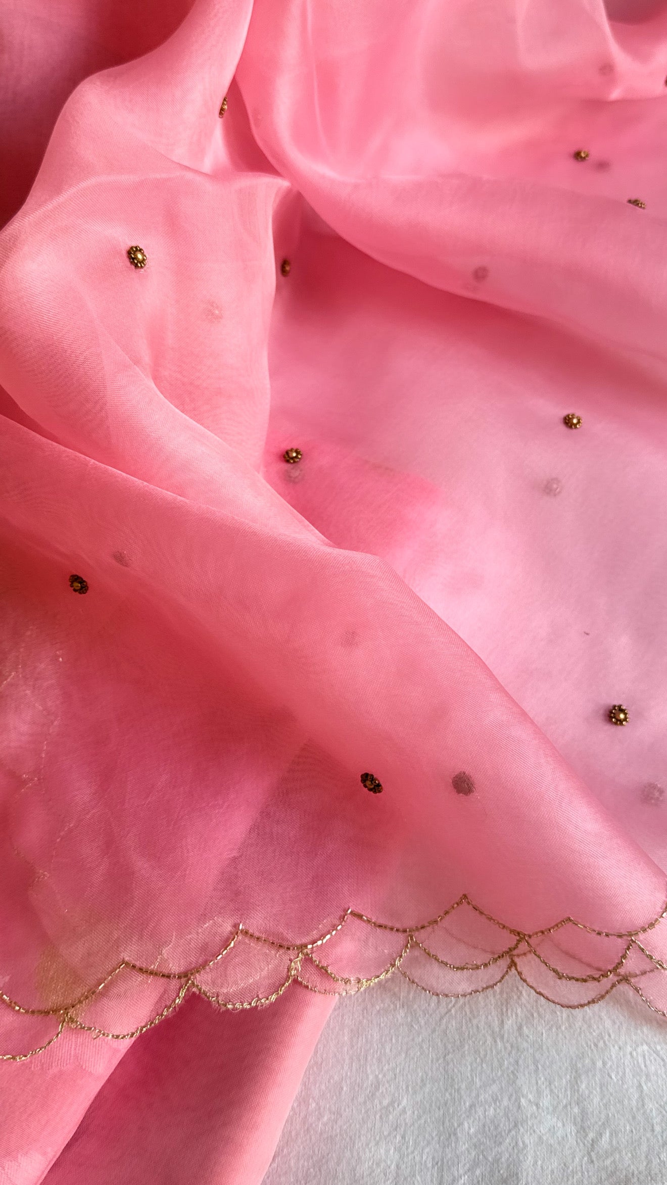 Summer suits under 8k - Mul cotton pink kurta paired with pink scalloped kora silk duppata