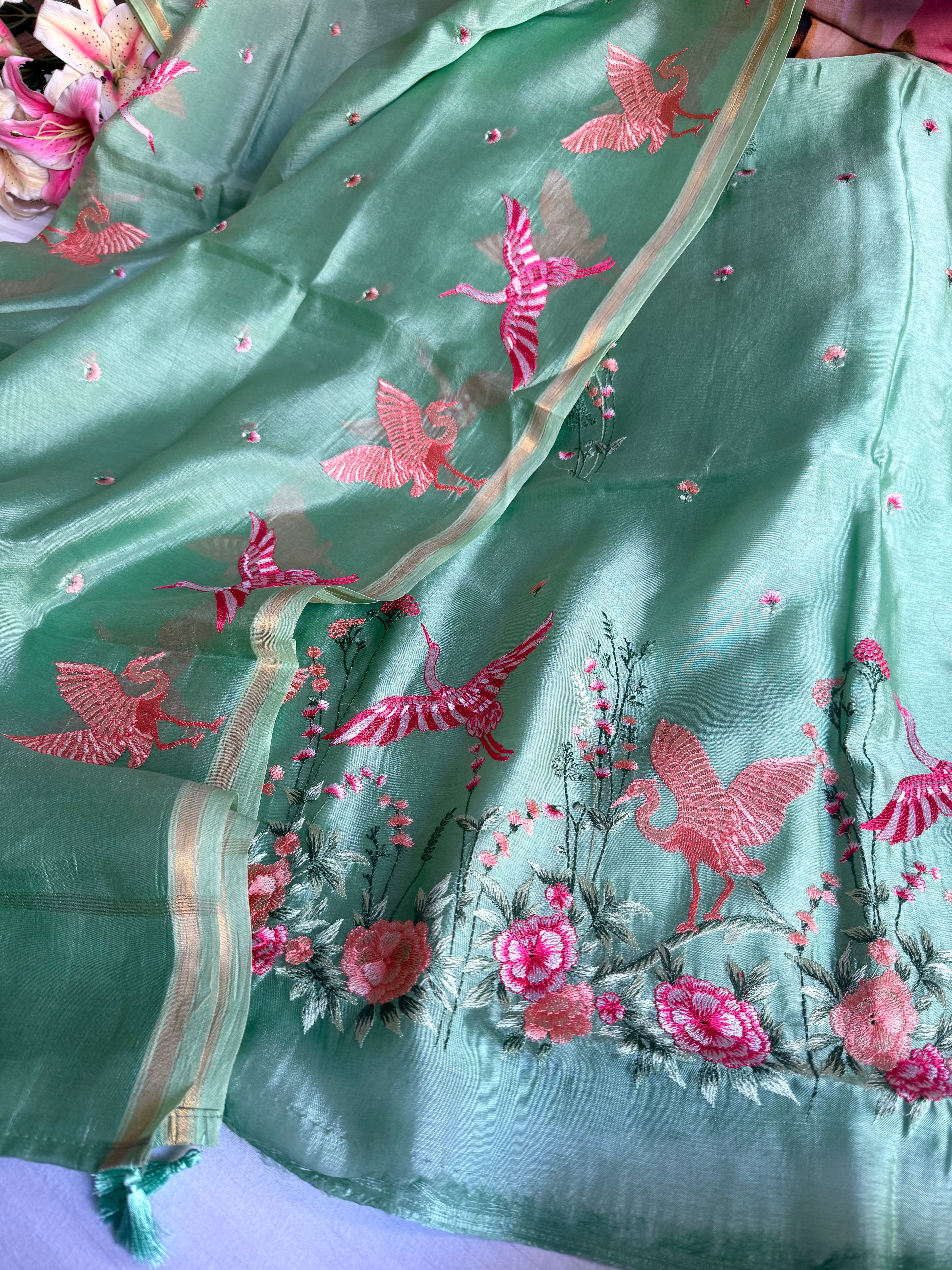 Suits under 10k - Spun chiniya silk parsi gara hand embroidered suit set