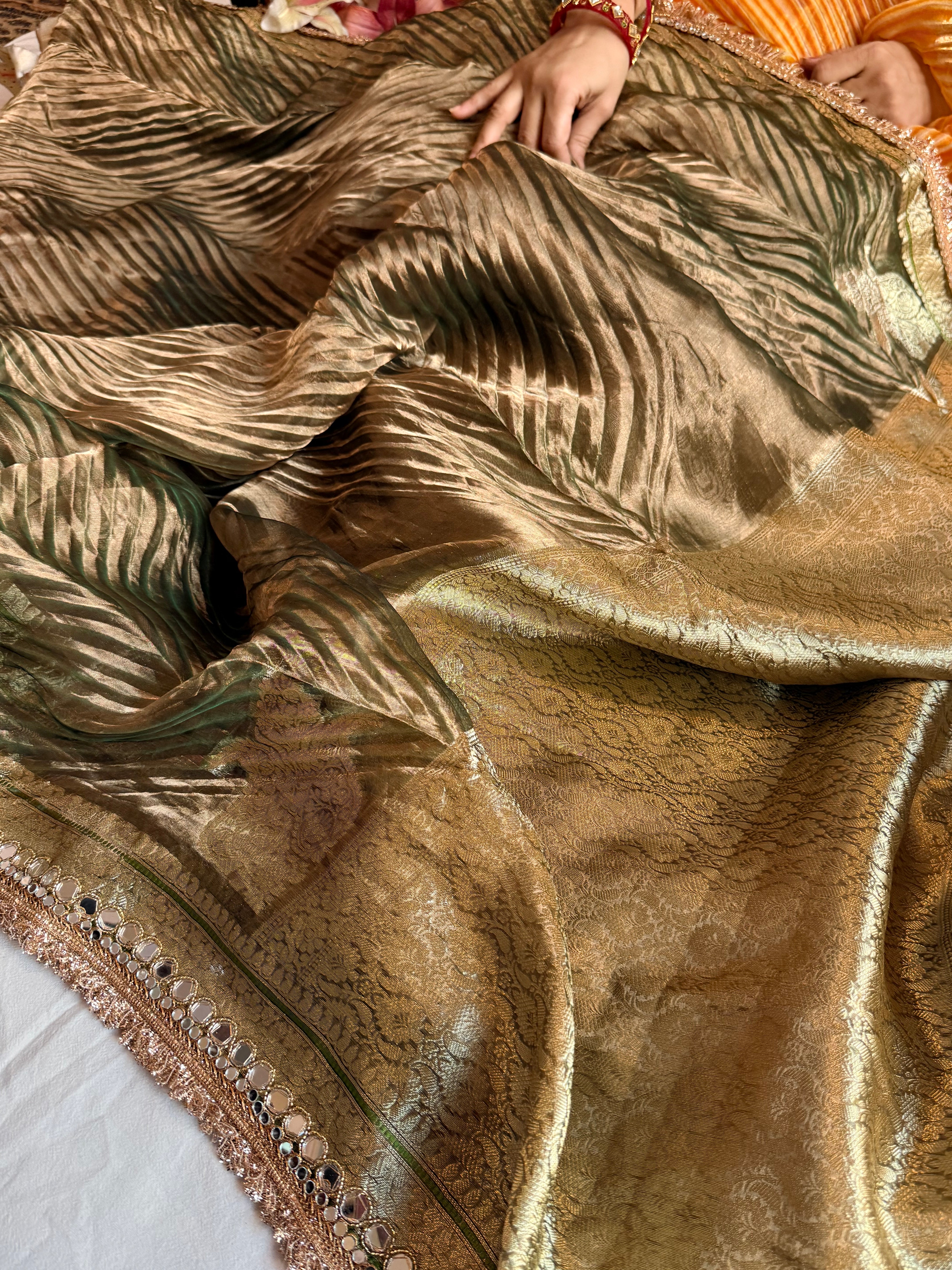 Mint green tissue silk arshi dyed mirrorwork hand embroidered kadhwa saree