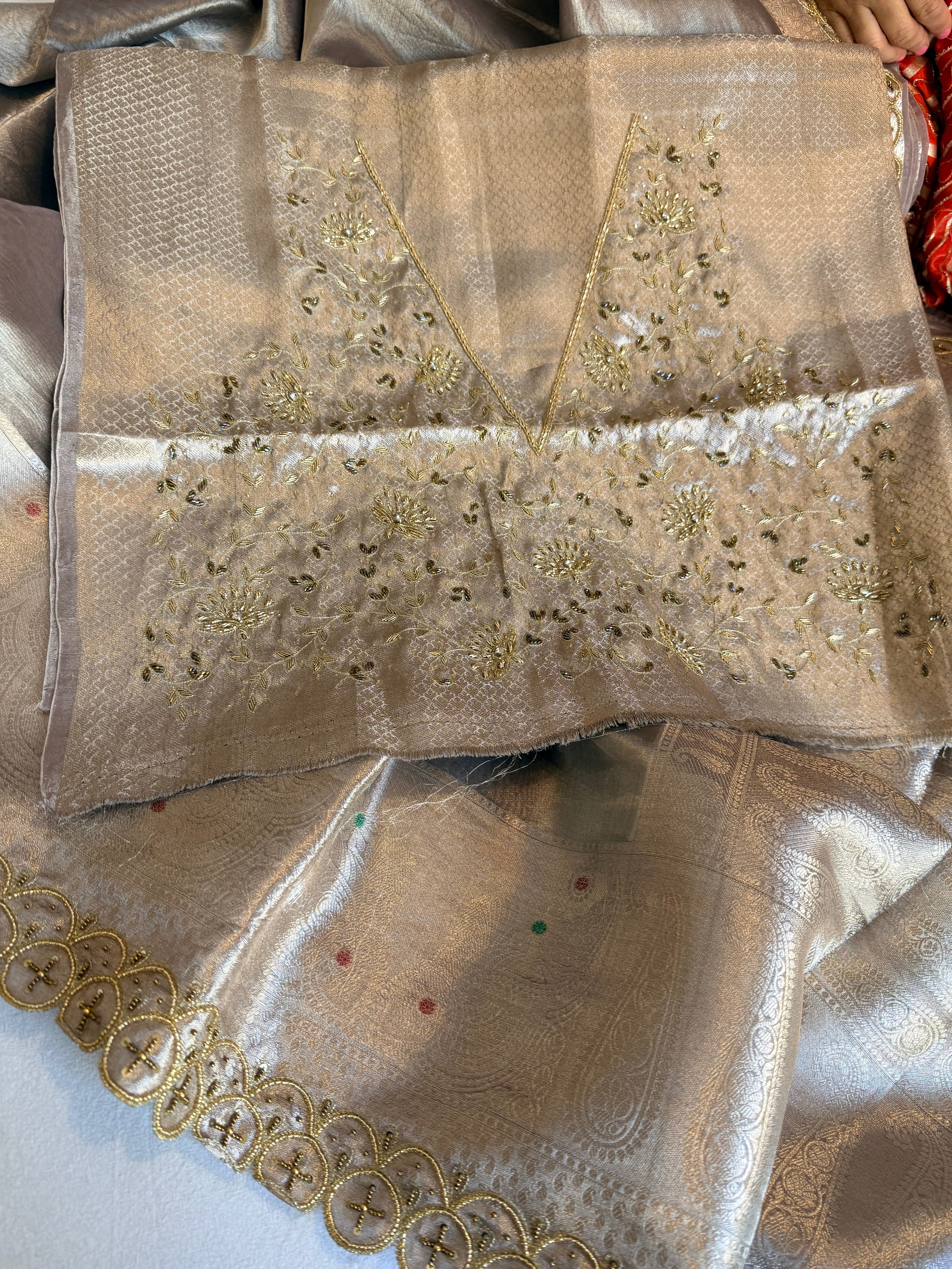 Dusty lilac husn tissue silk hand embroidered kadhwa saree with heavy blouse