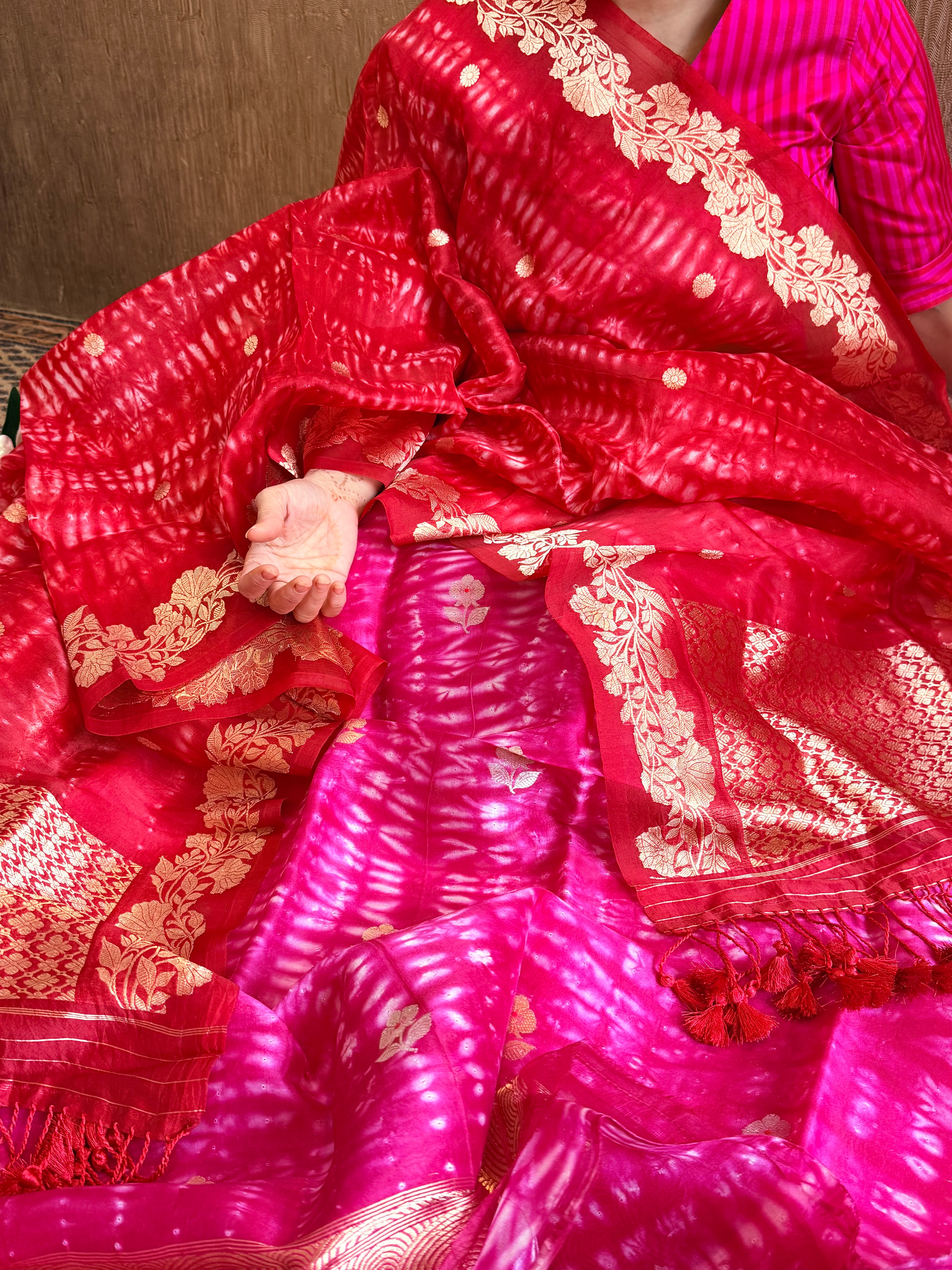 Cherry red banarasi blue kora silk shibori dye kadhwa suit set