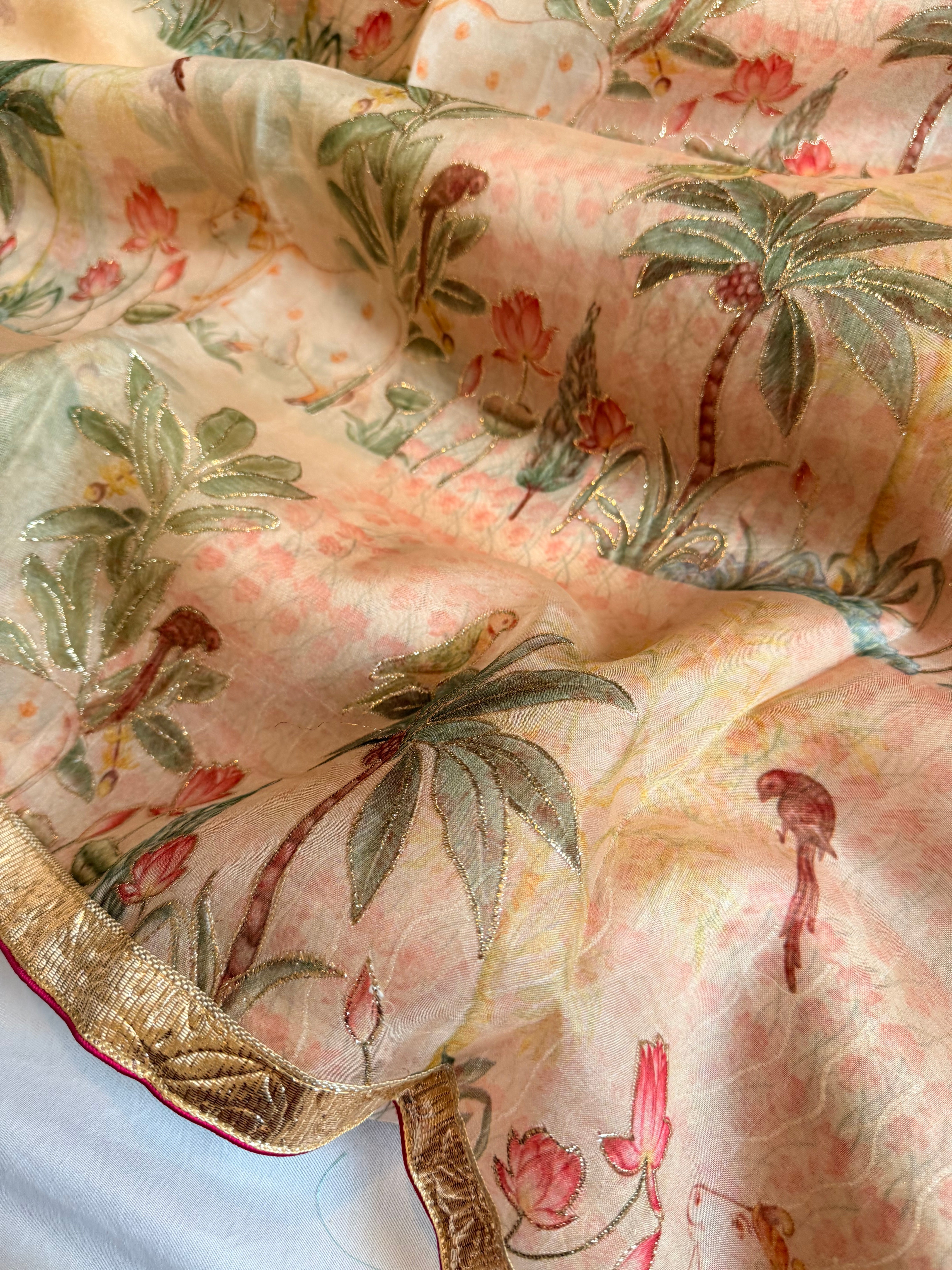 Kora silk printed lampi gotapatti hand embroidered saree
