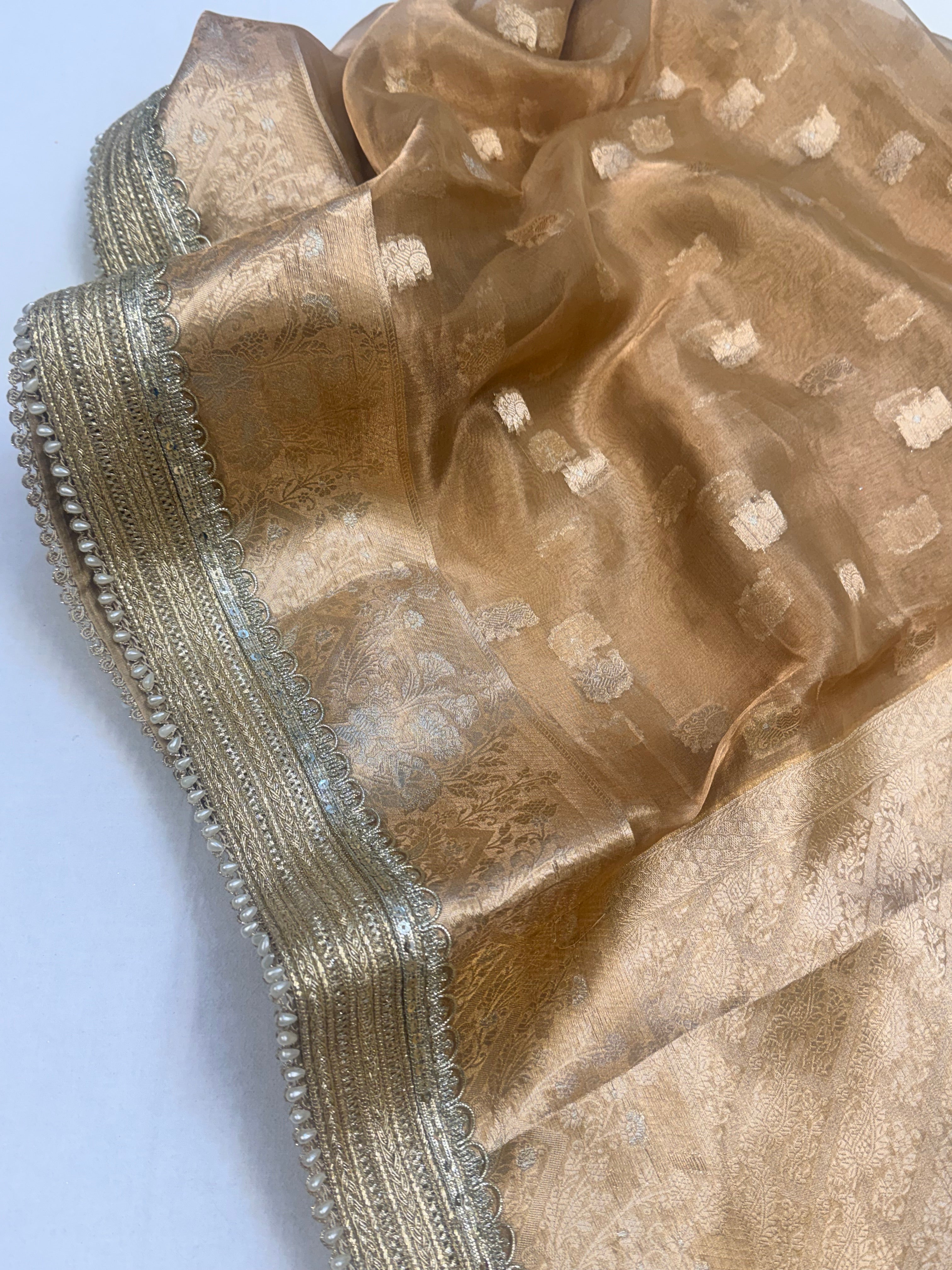 Champagne gold tissue silk kadhwa buti gotapatti saree