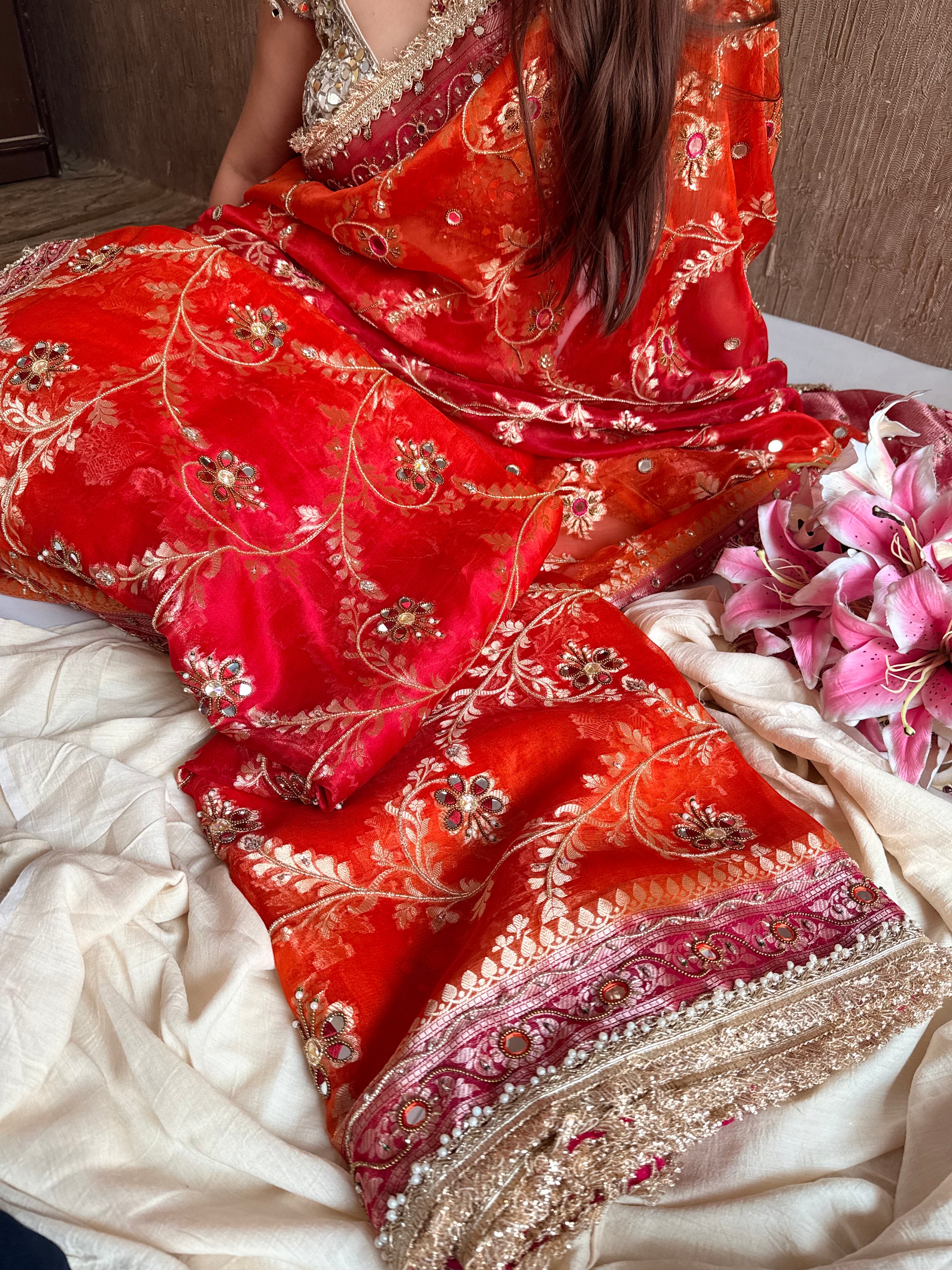 Kumkum edit jaalwork kora silk ombre shaded kadhwa saree