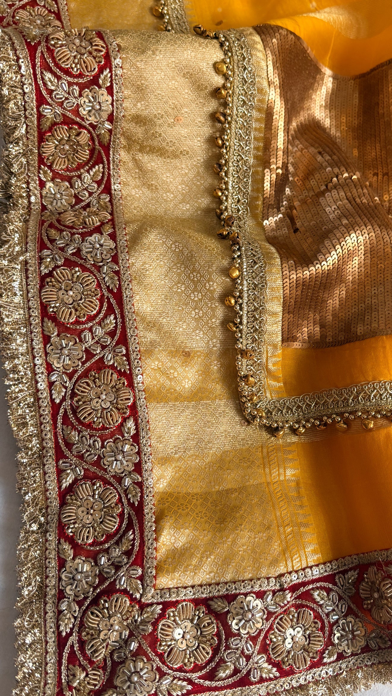 Chan Chan ghungroo haldi yellow work kora silk leheriya dye kadhwa saree