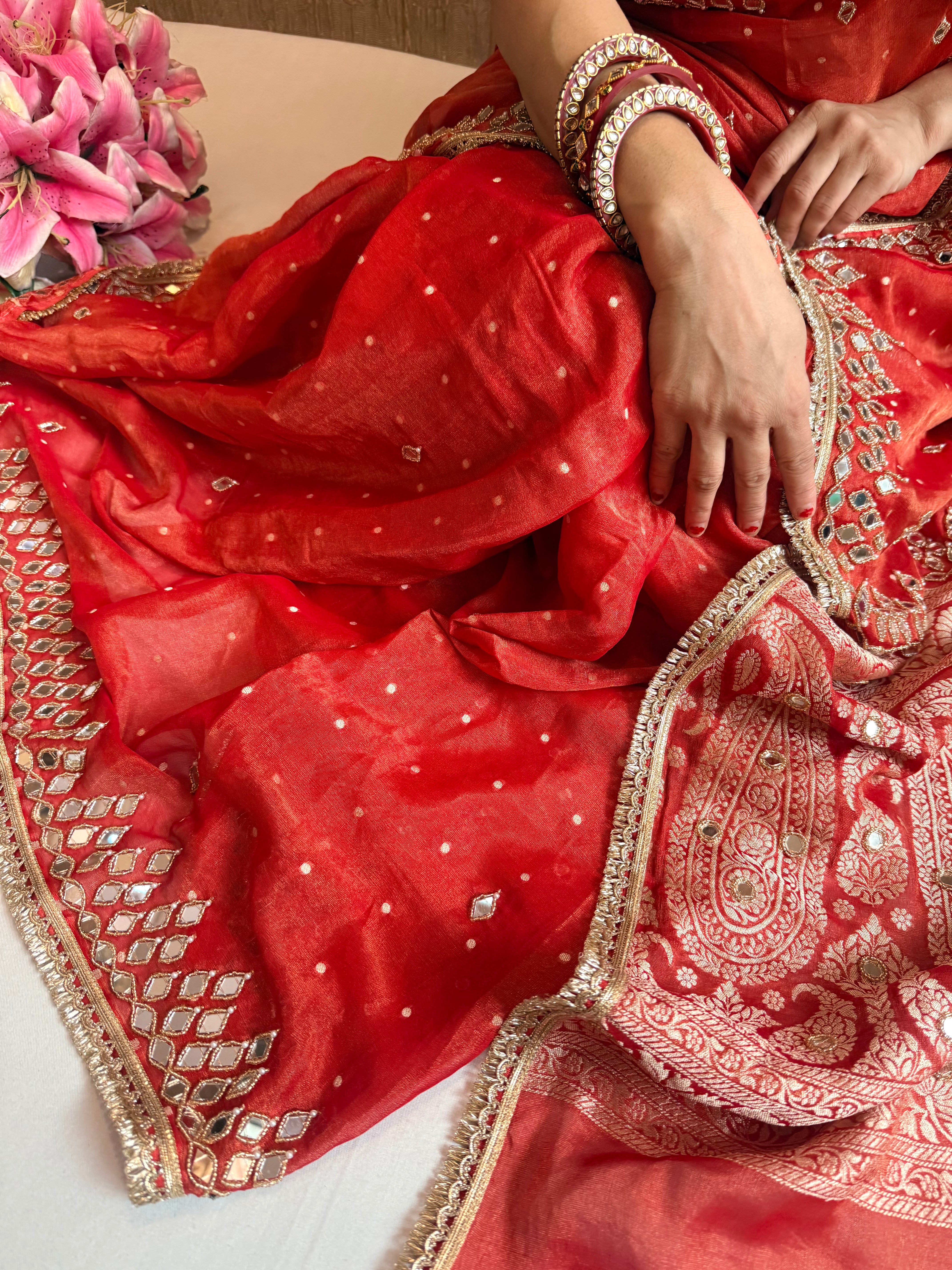 Rust red tissue gorgette mirror work hand embroidered saree