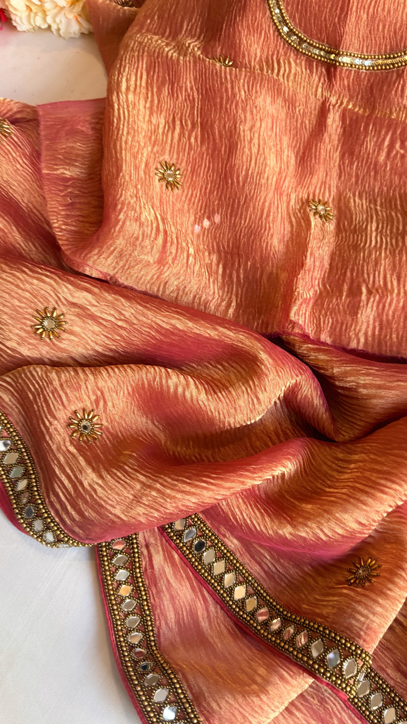 Mirrorwork edit gajri pink crushed tissue silk hand embroidered saree