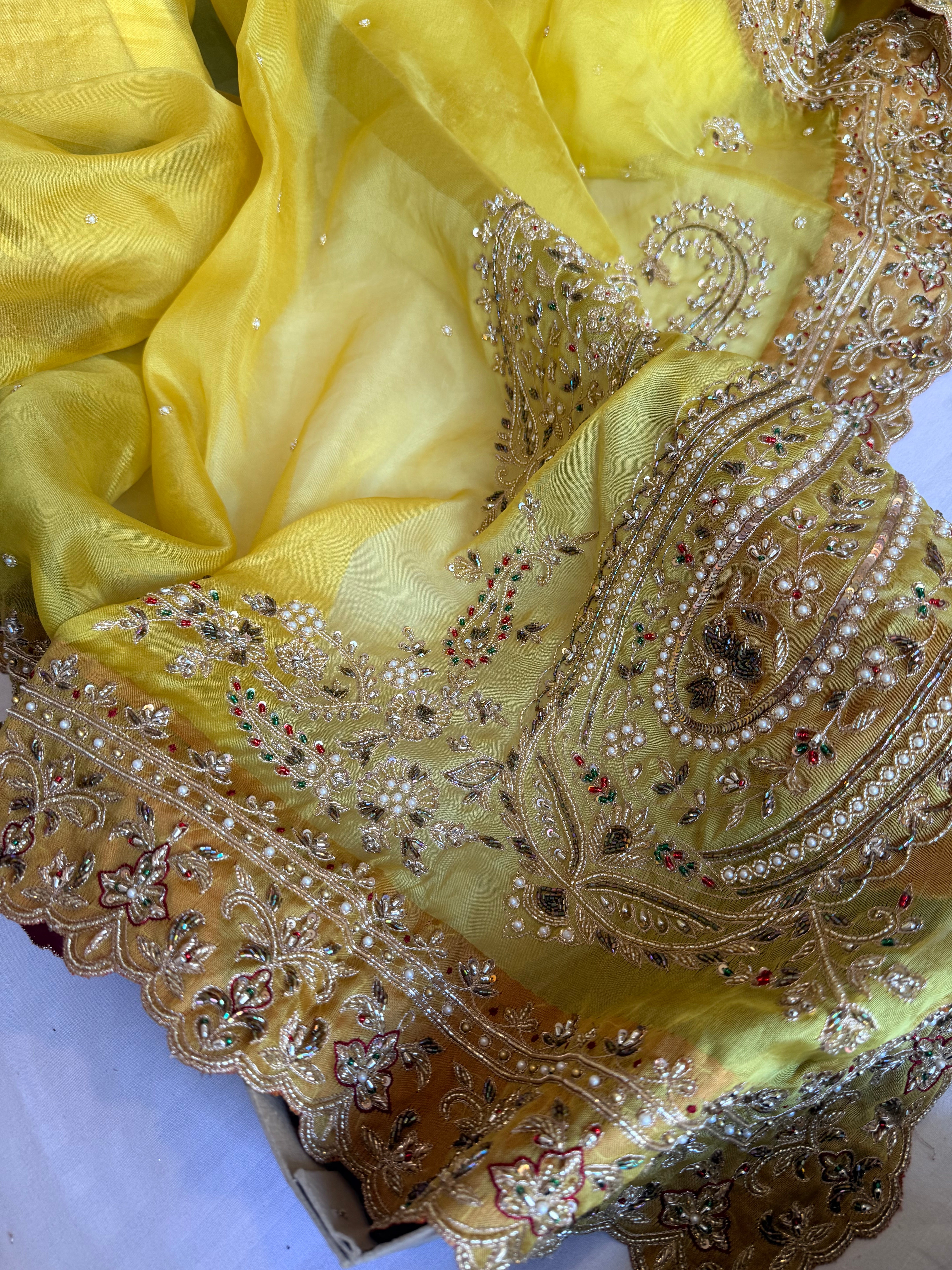 Mummy ki purani wali saree edit - Pineapple yellow kora silk kadhwa hand embroidered saree