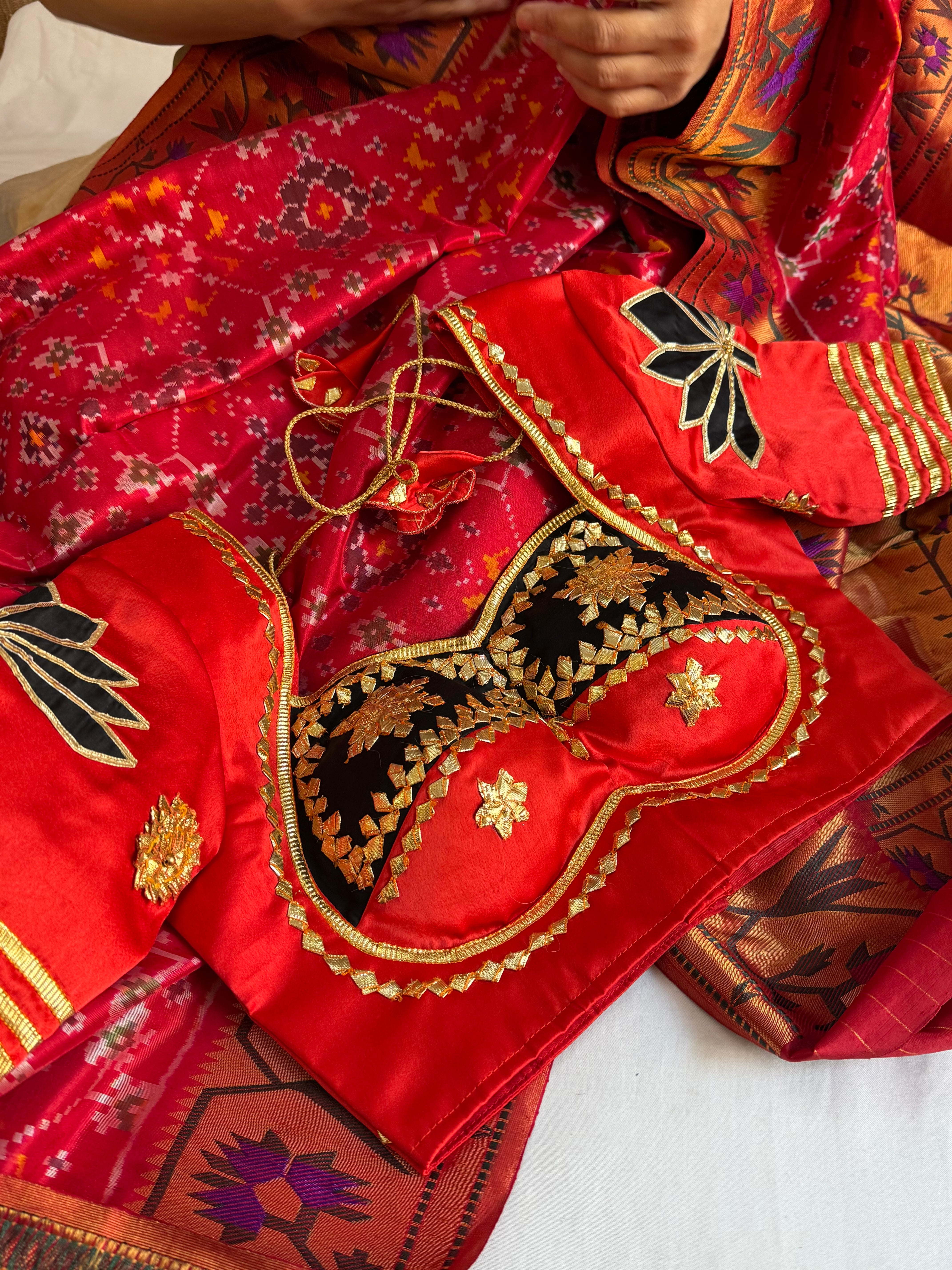 Aangi blouse - Red & Black mashru satin silk stitched free size aangi hand embroidered blouse