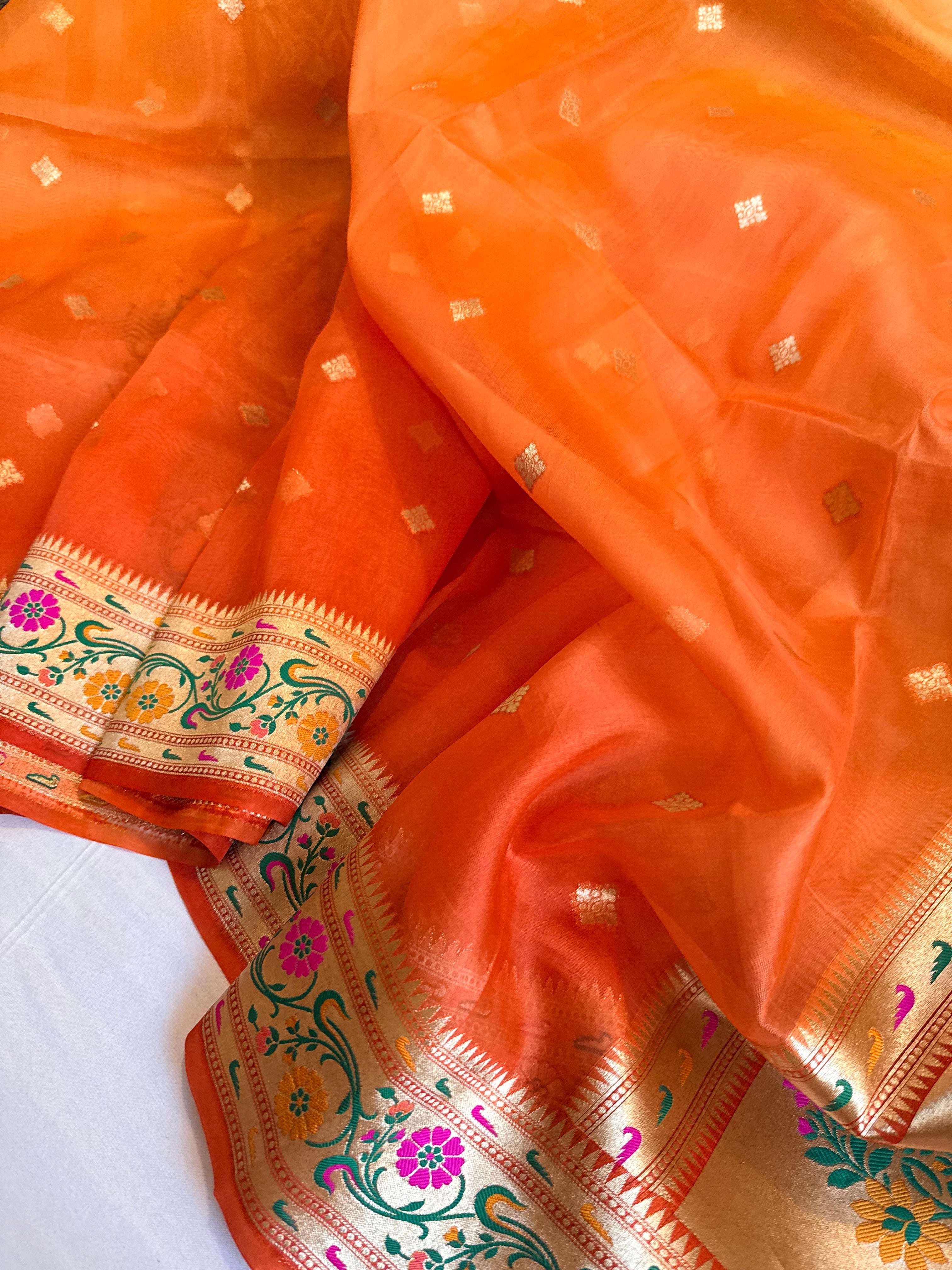 Fanta orange shaded paithani border kadhwa border handloom saree