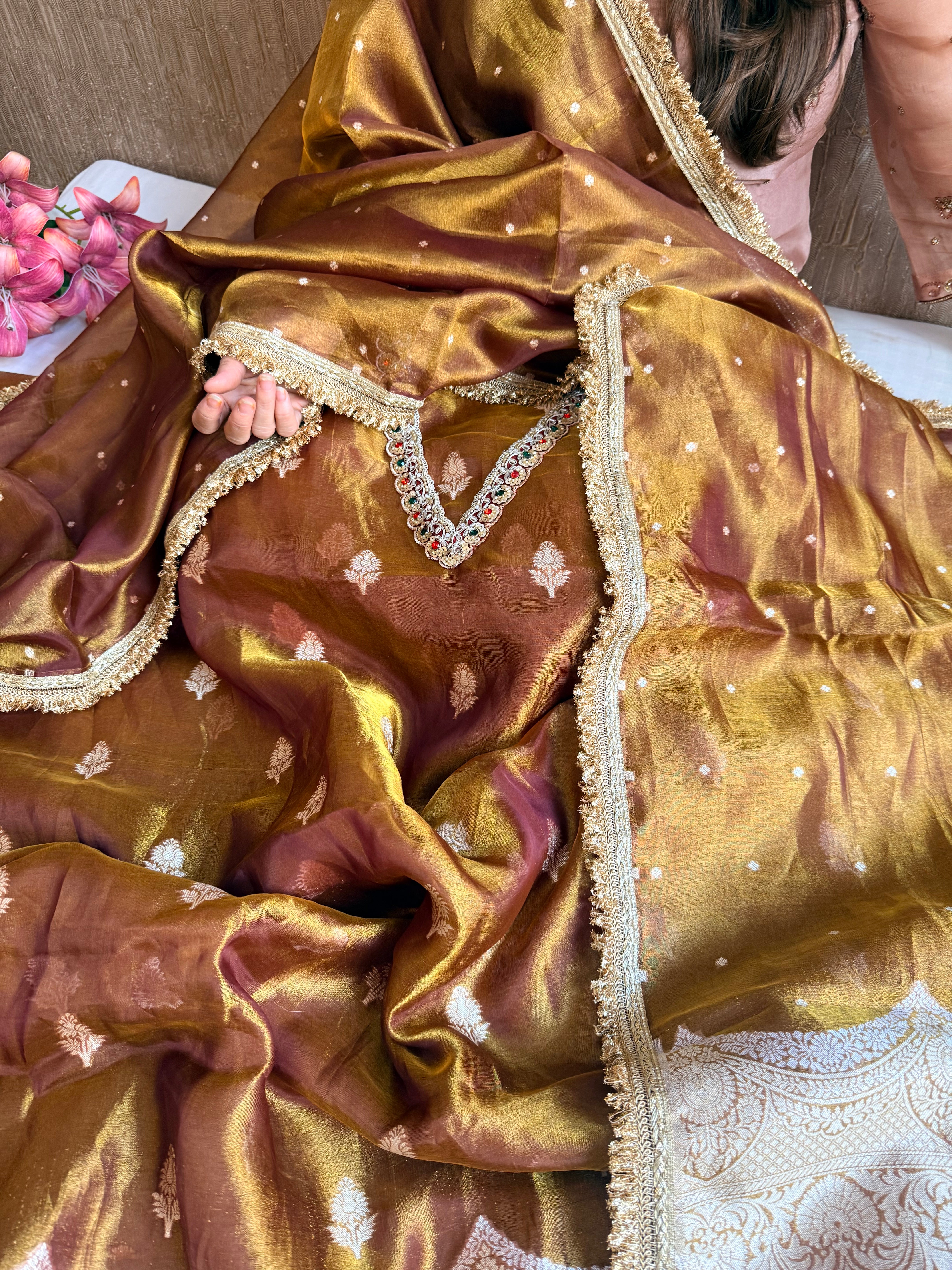 Navratna molten gold tissue silk kadhwa buti hand embroidered suit sets