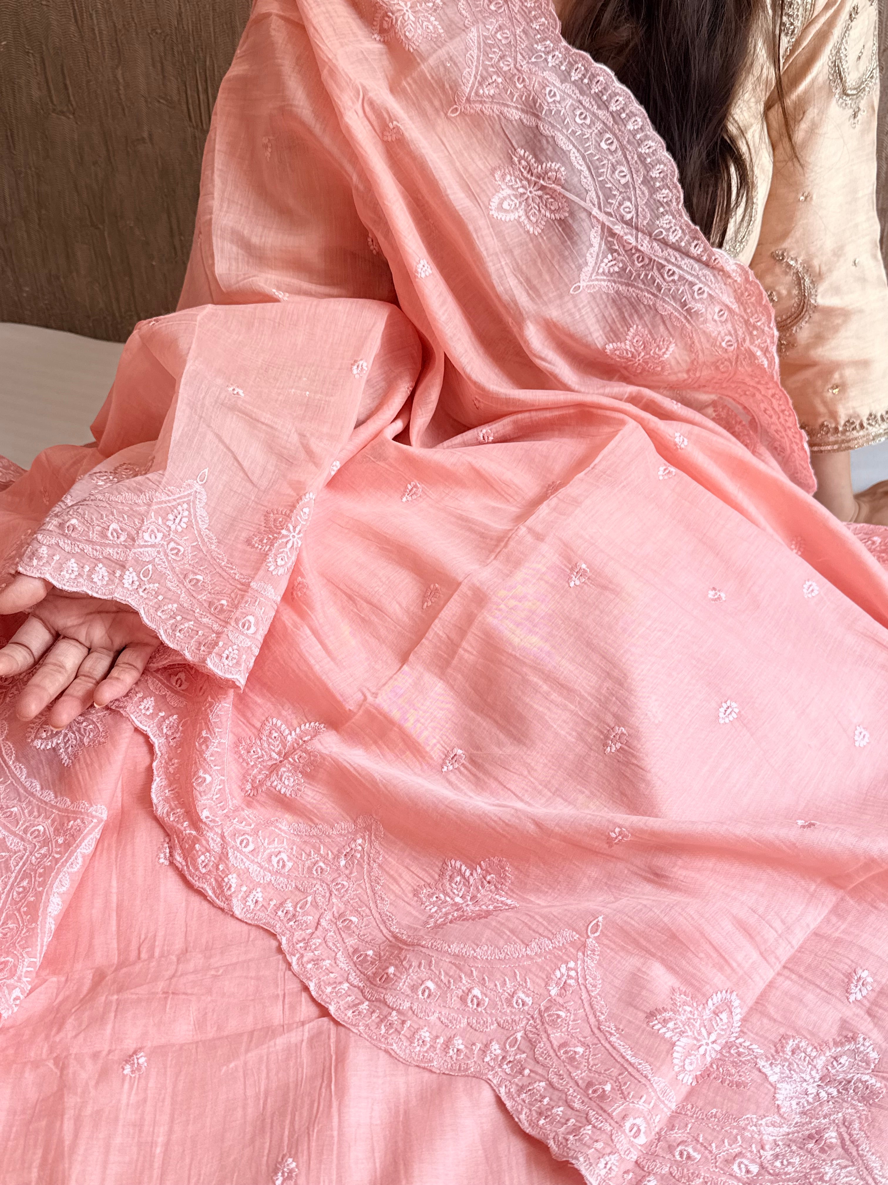 Peach mul cotton thread hand embroidered suit set