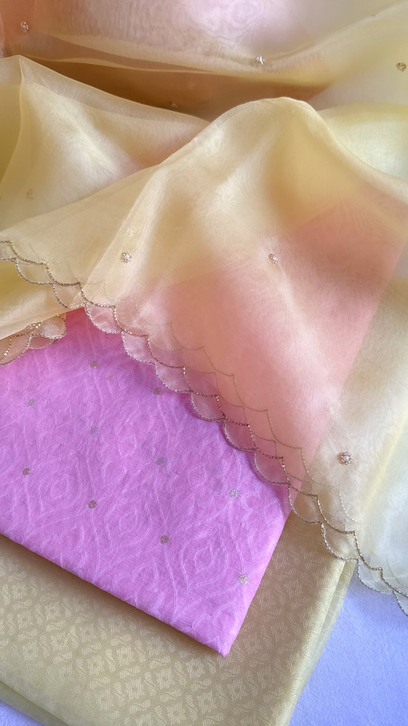 Summer suits under 8k - Mul cotton blush pink kurta paired with lime scalloped kora silk duppata