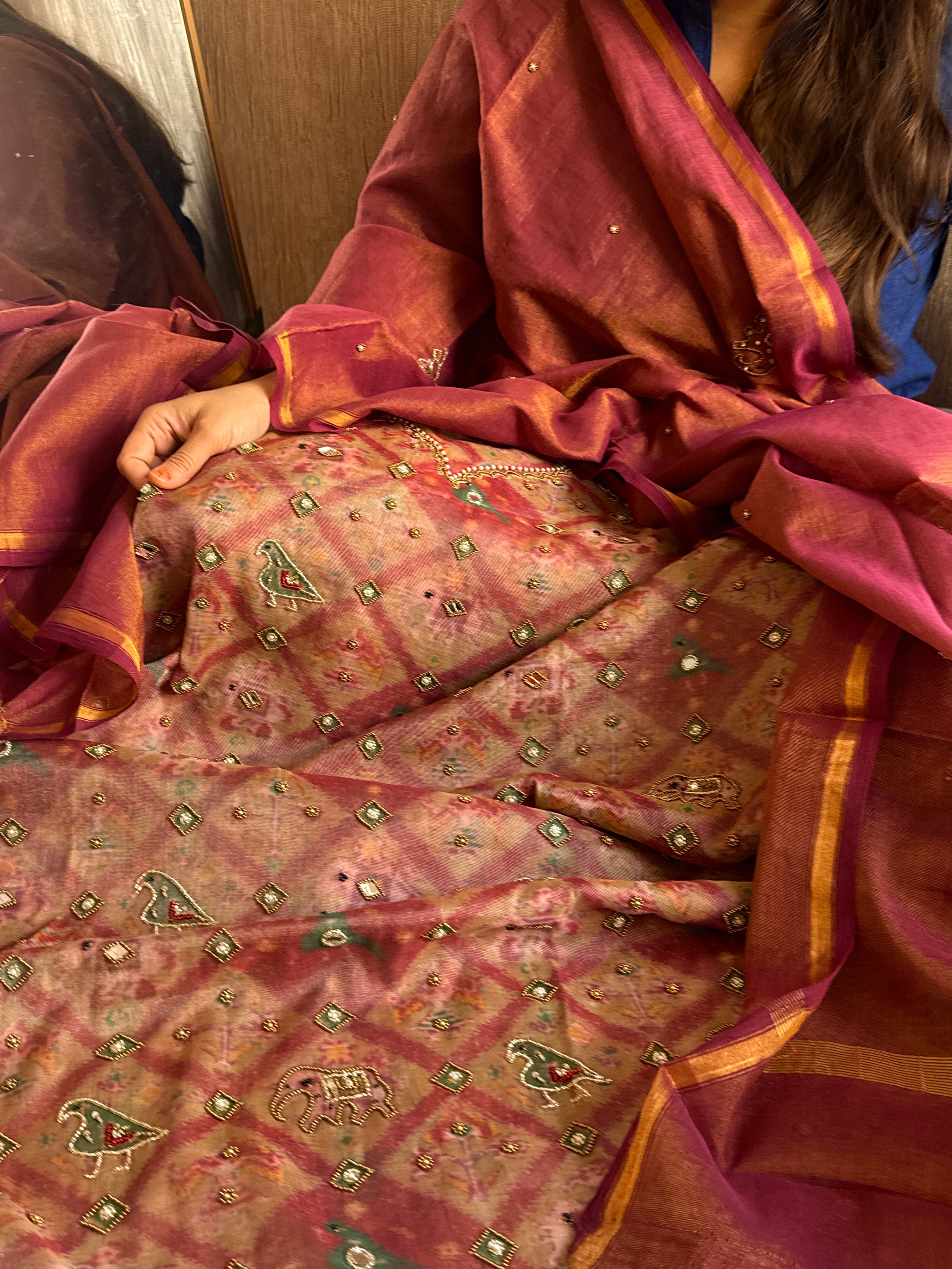 Patola weaving hand embroidered mul cotton tissue suit sets