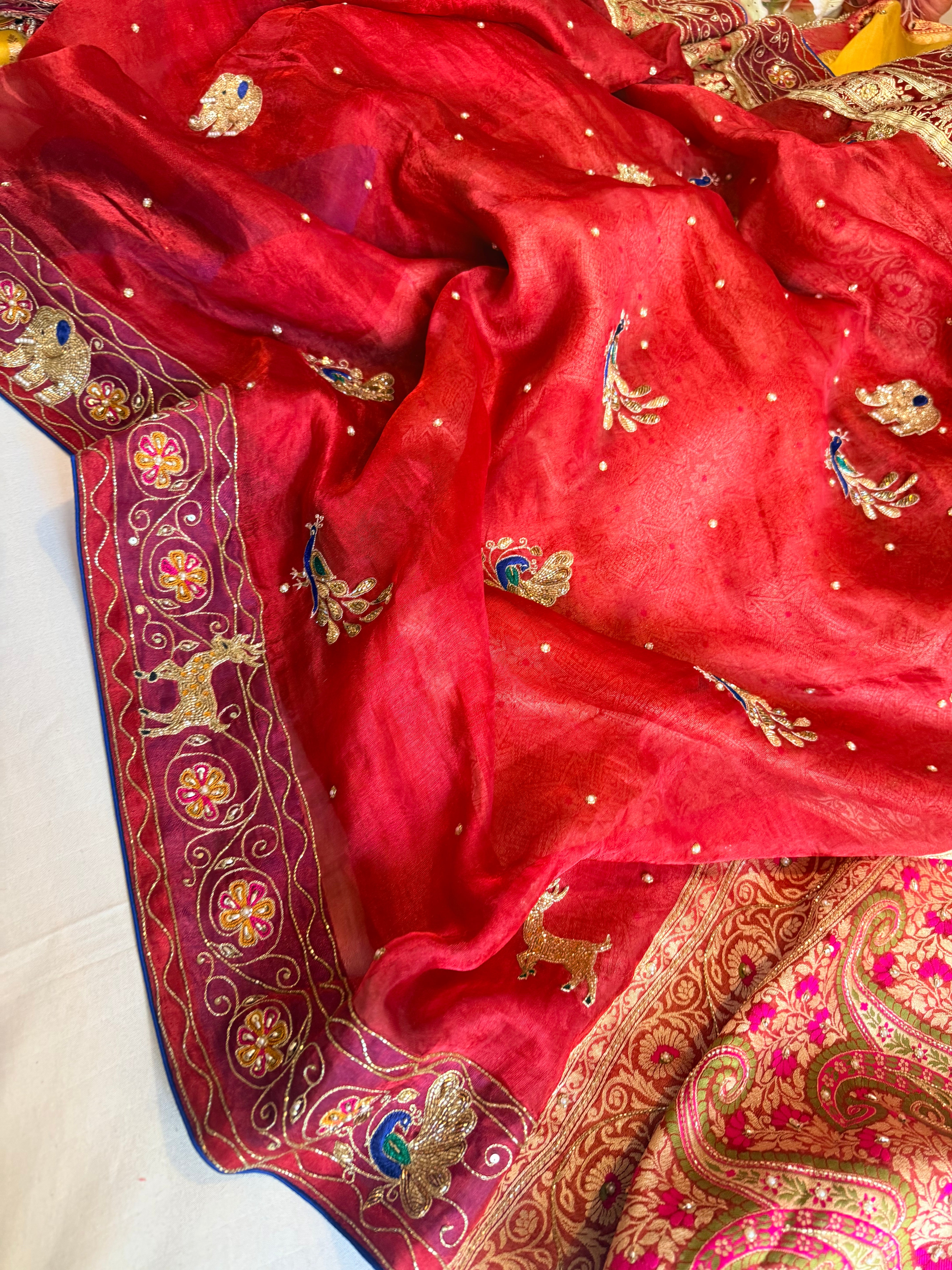 Laal banarasi border phere wali tissue silk meenakari hand embroidered saree