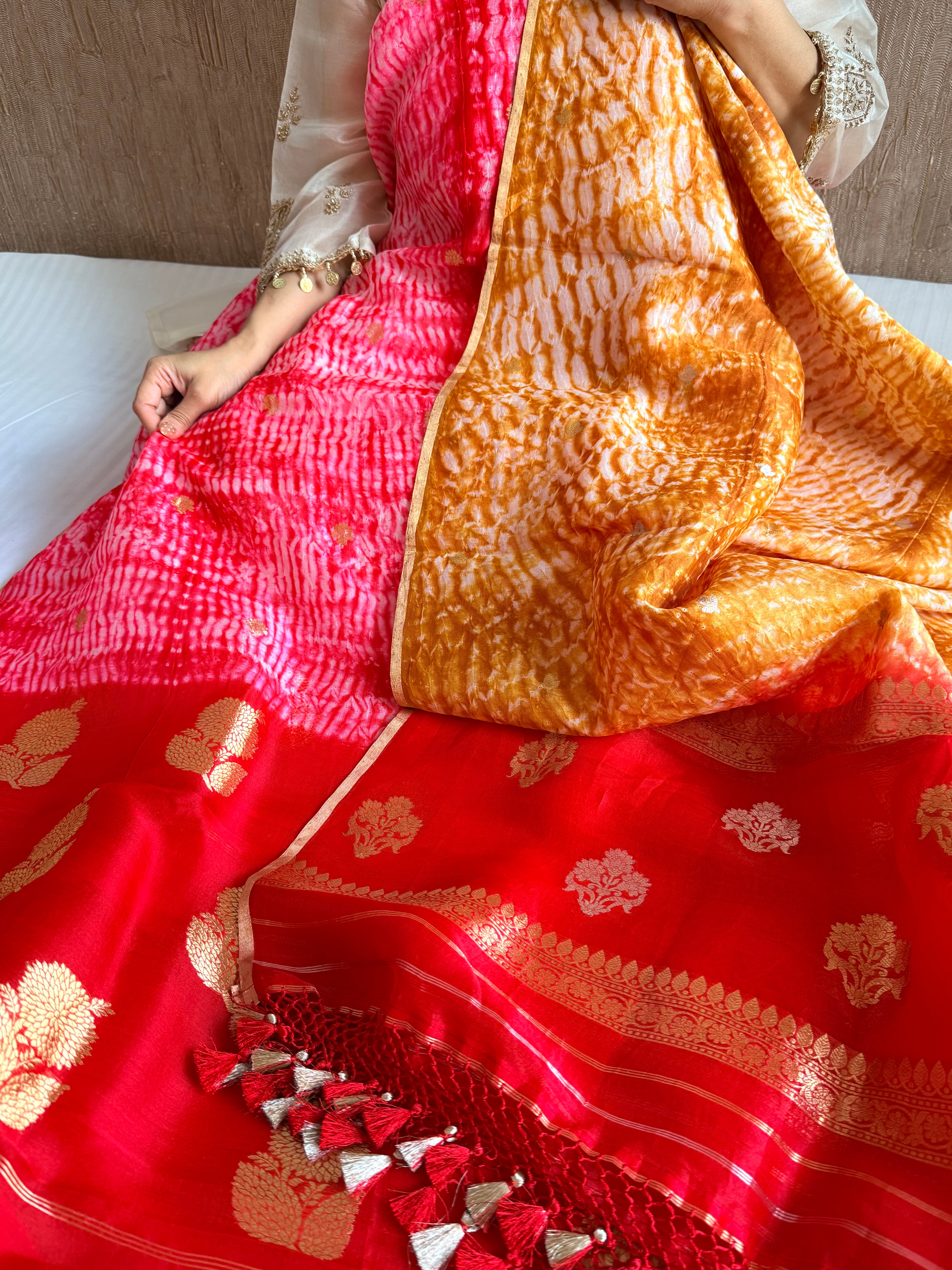 Shibori dye banarasi kora silk red-mustard orange kadhwa buti suit set