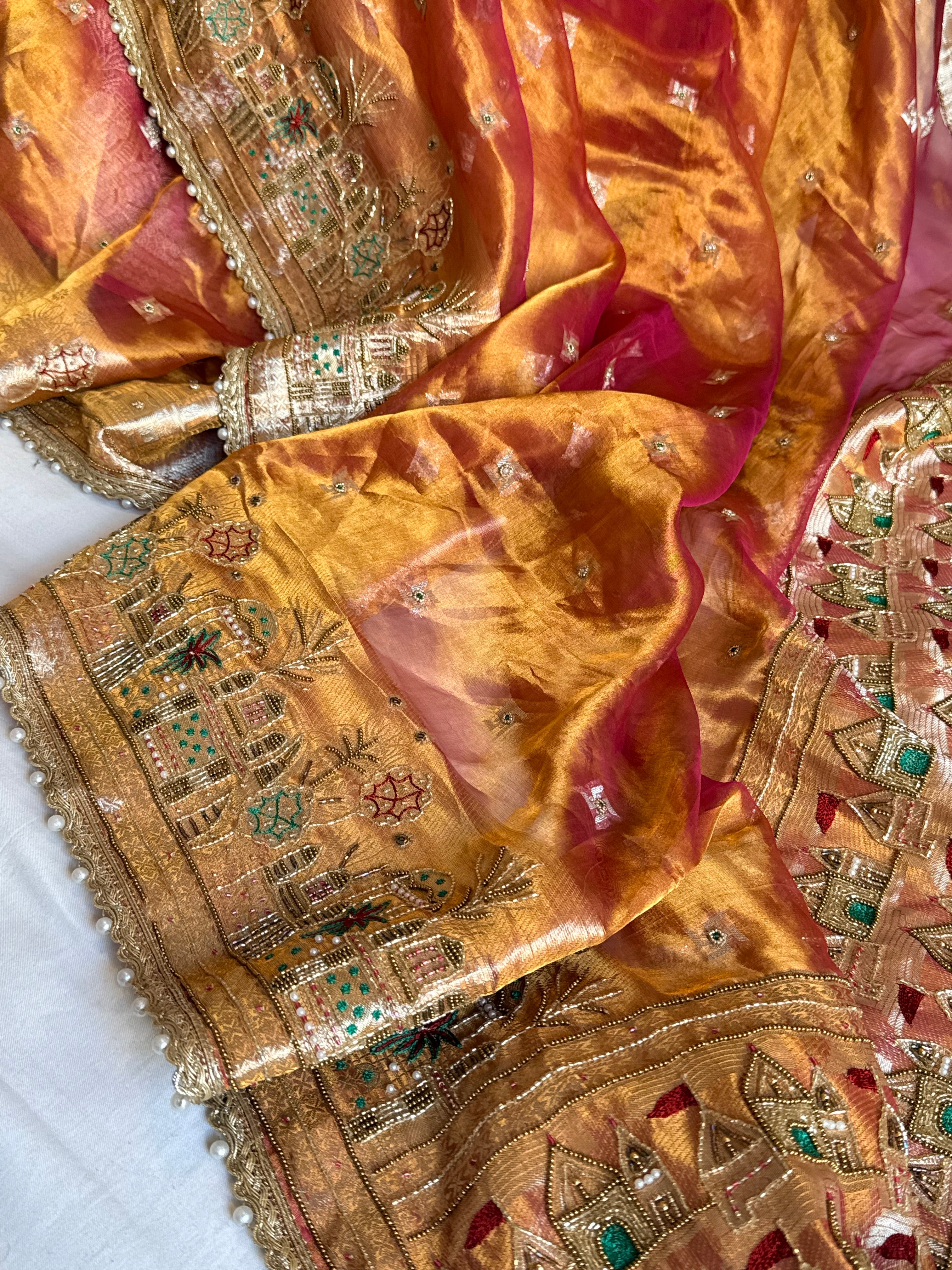 Ganga-darshan edit - Tissue silk kanjivaram cherry pink hand embroidered kadhwa saree