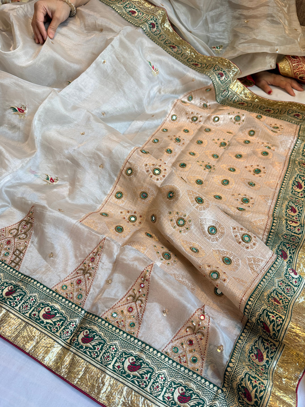 Toran temple border Ivory tissue silk patchwork hand embroidered borde ...