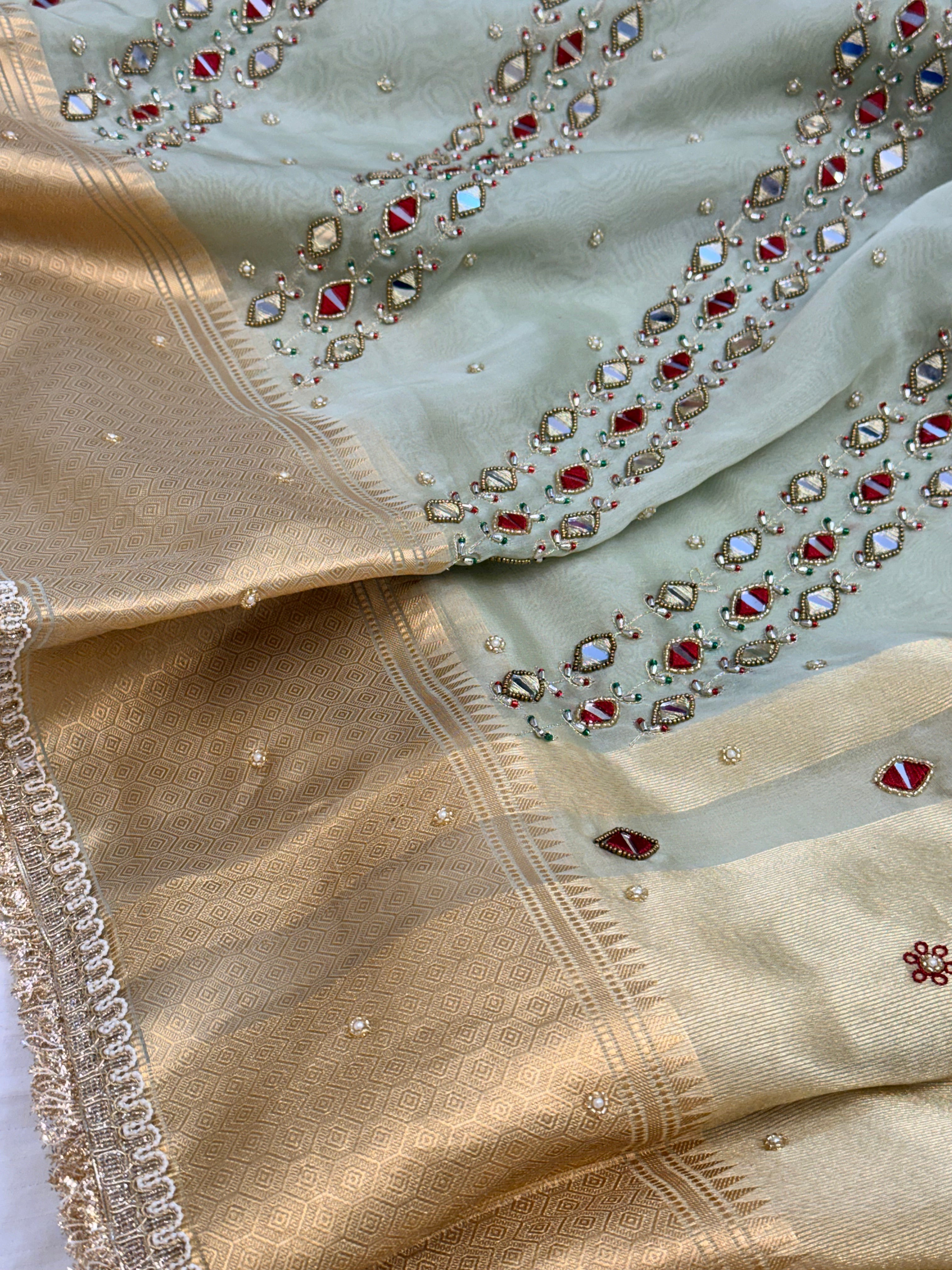 Mint green kora silk banarasi hand embroidered kadhwa saree