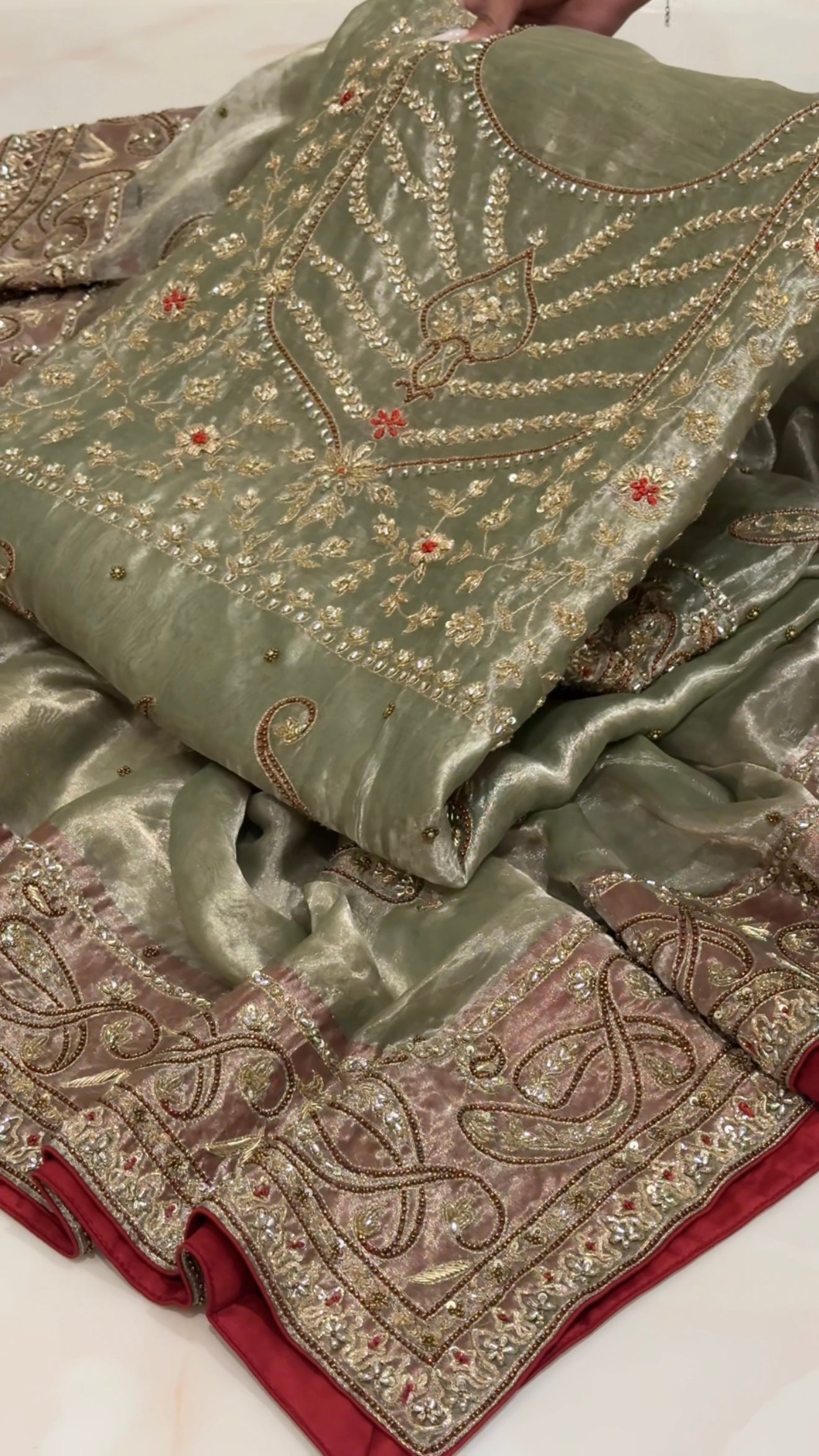 Umrao jaan inspired mint-red tissue silk hand embroidered kadhwa suit set