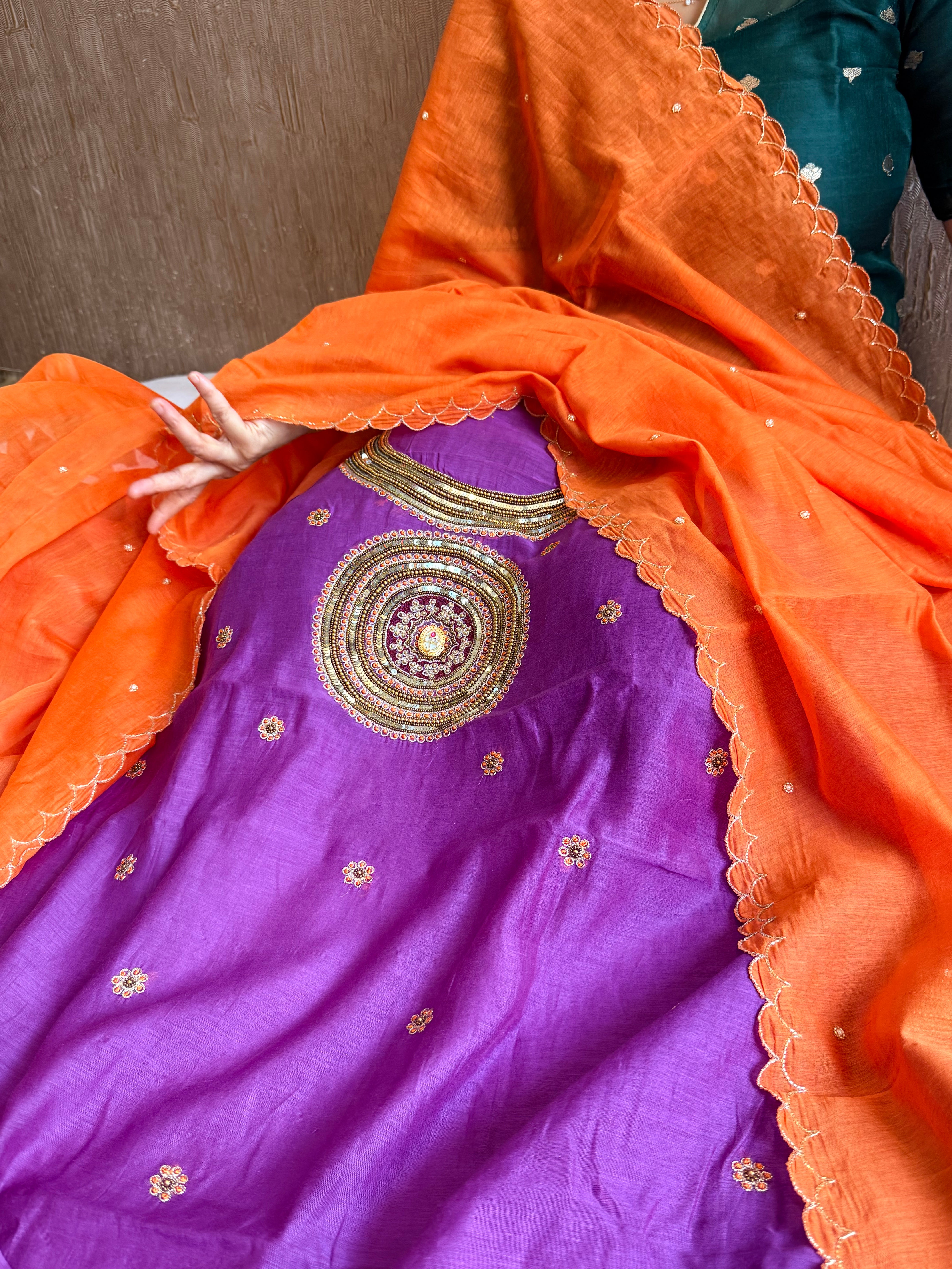 Mul cotton mandala inspired hand embroidered kadhwa suit set