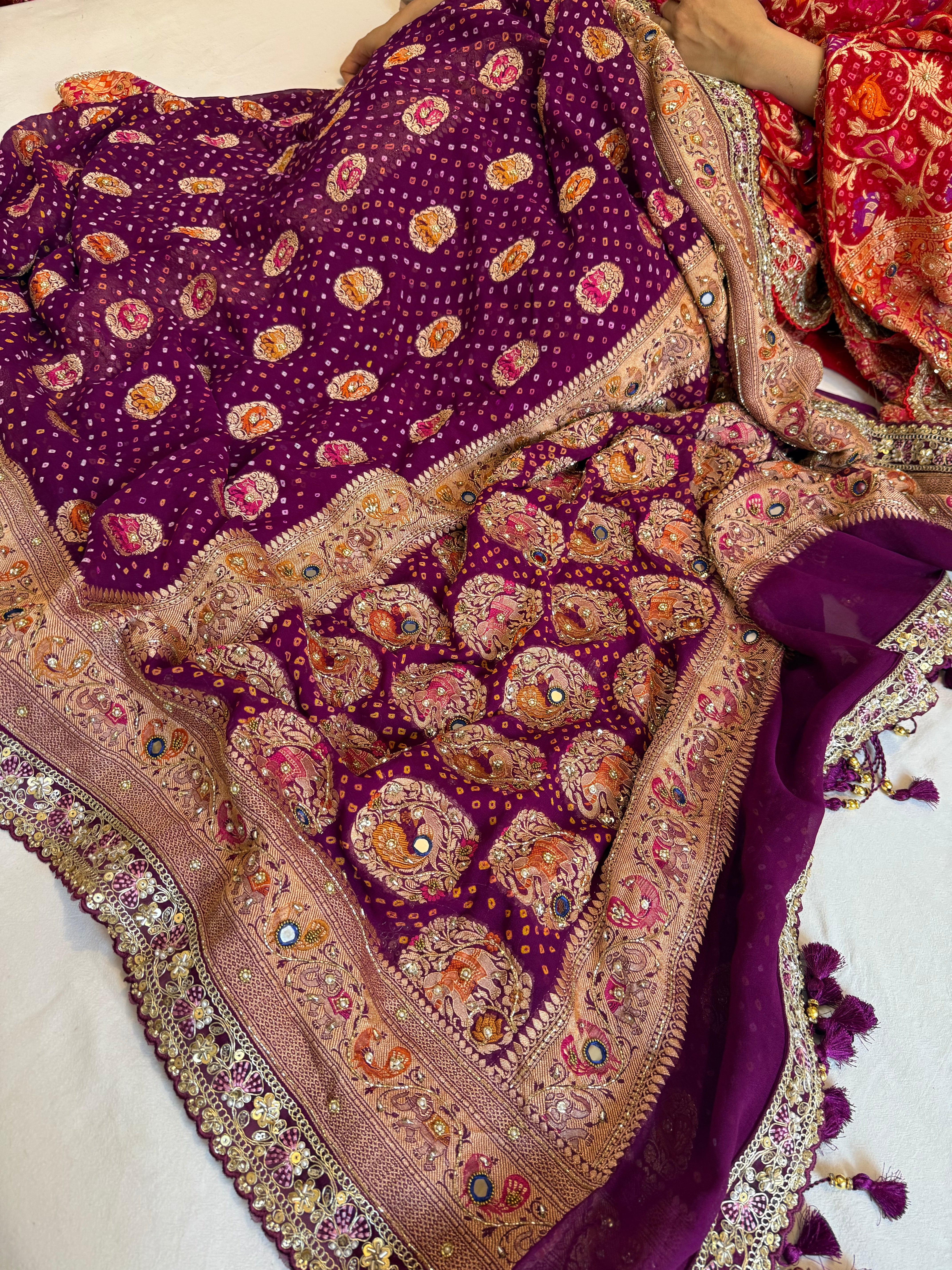 Banarasi rai bandhej gorgette hand embroidered kadhwa saree