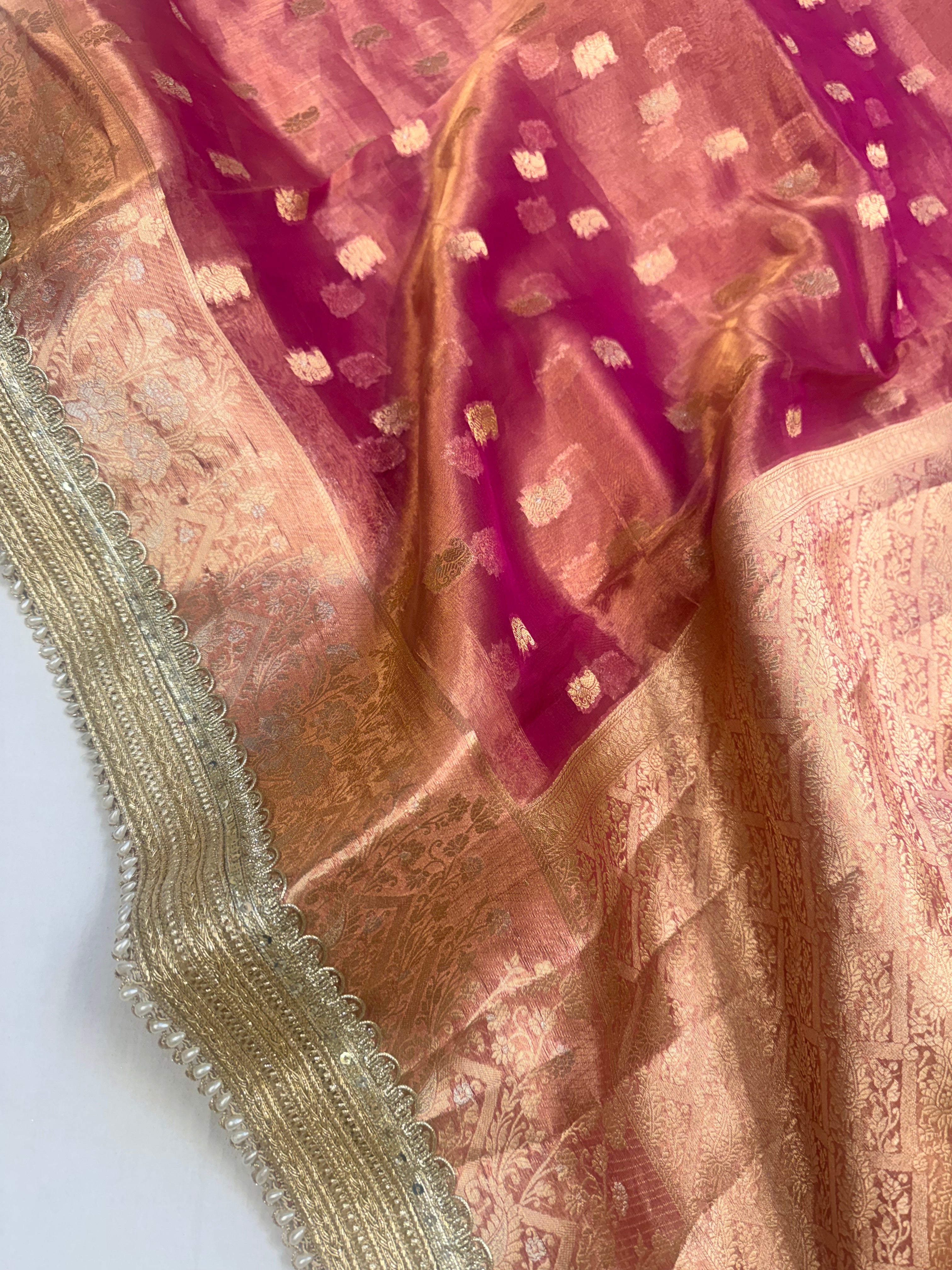 Rani pink tissue silk kadhwa buti gotapatti saree