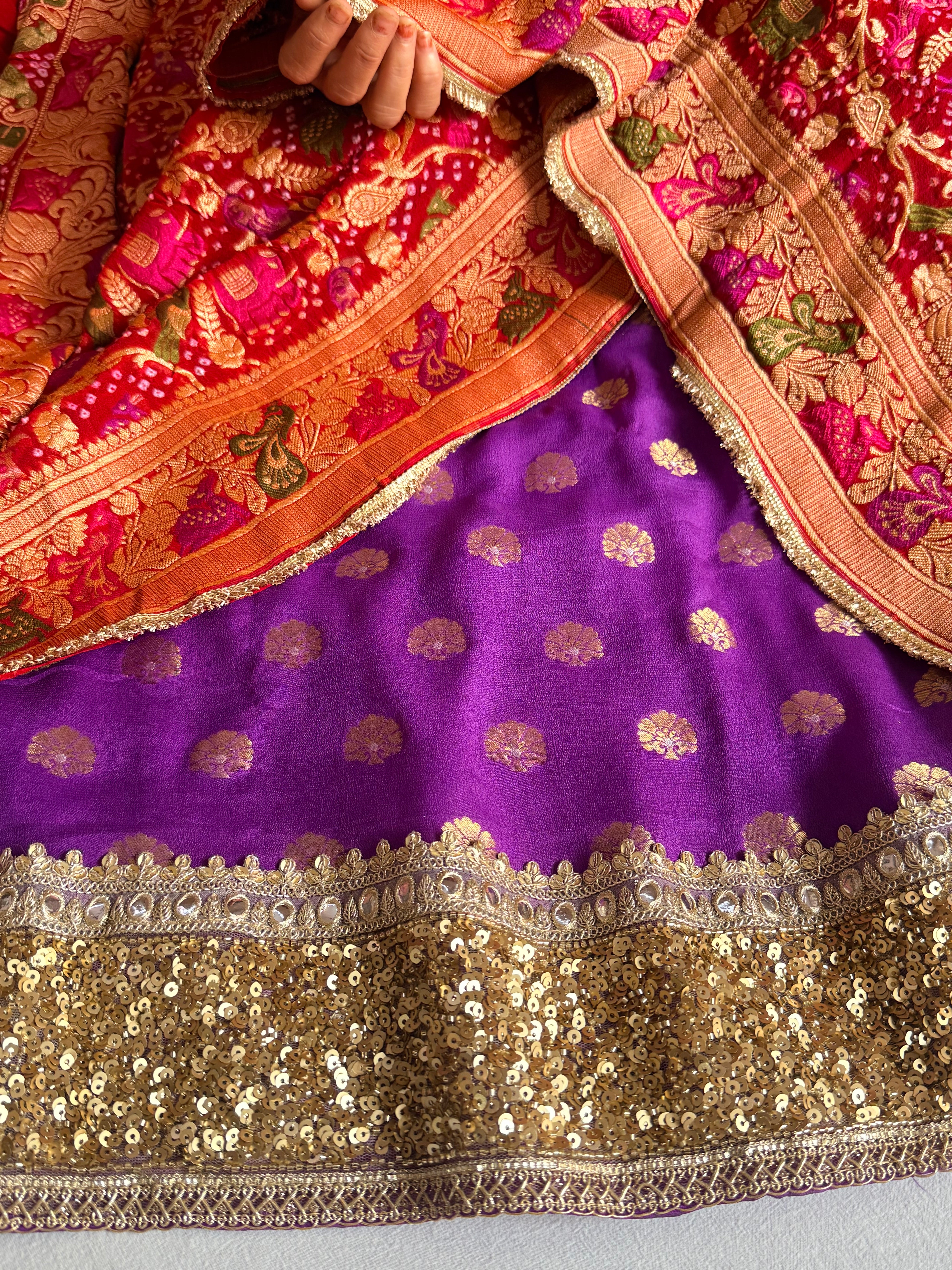 Rai bandhej chiffon gorgette sequin work hand embroidered suit set
