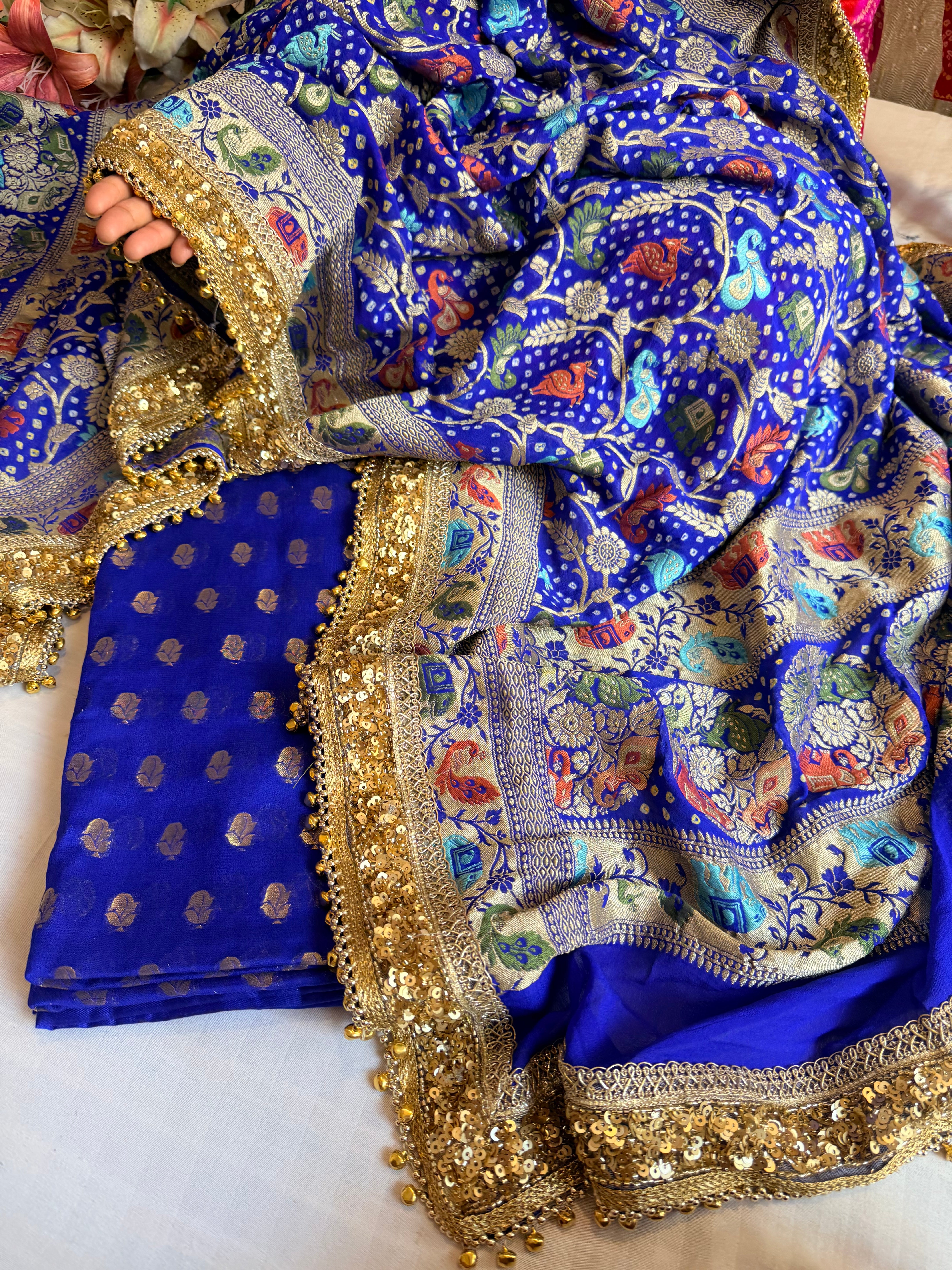 Banarasi bandhej ink blue ghungroo and sequin work chiffon gorgette kadhwa suit set