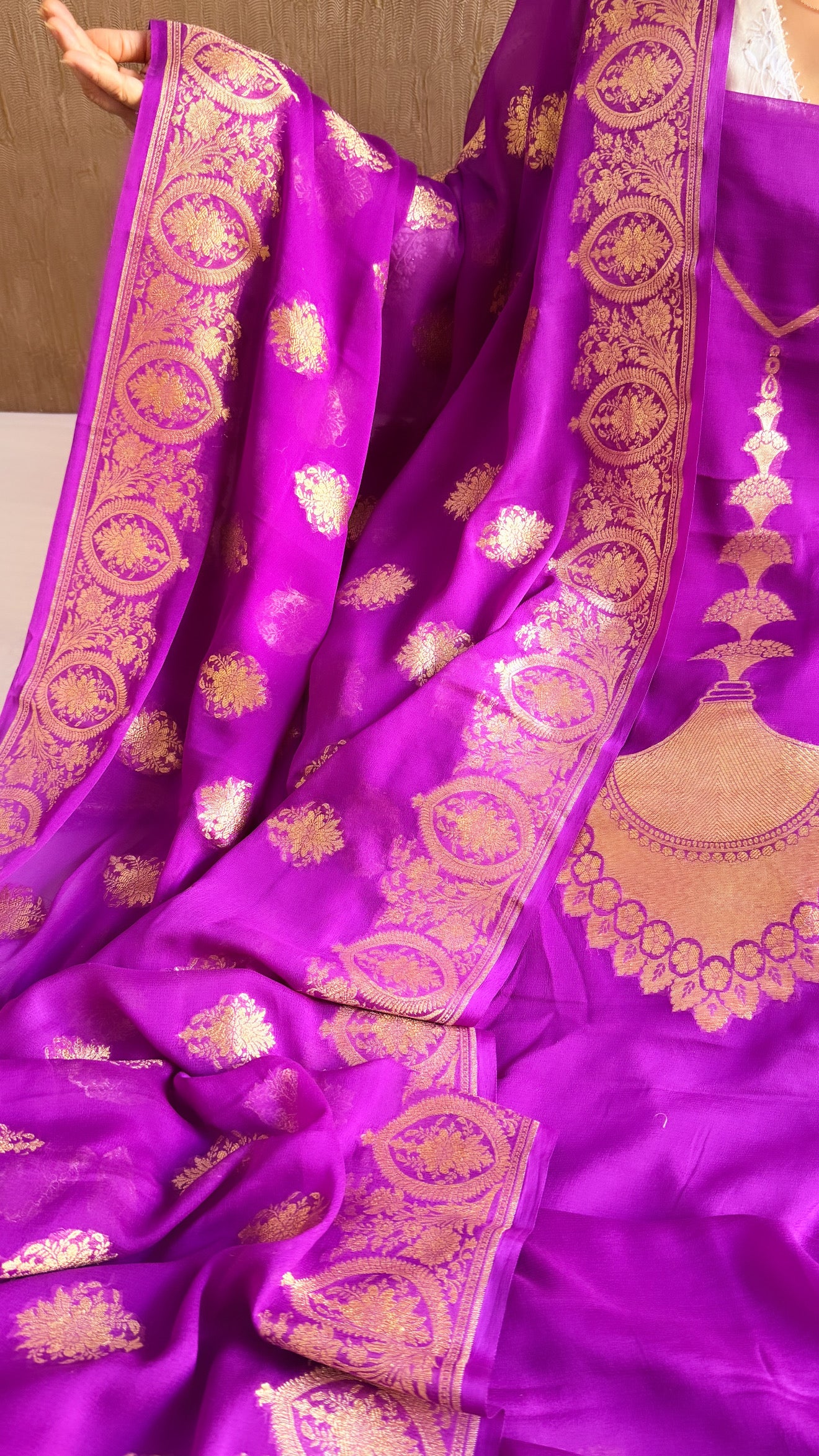 Neck & Pocket weaving - Chiffon gorgette bright purple kadhwa weaving suit set