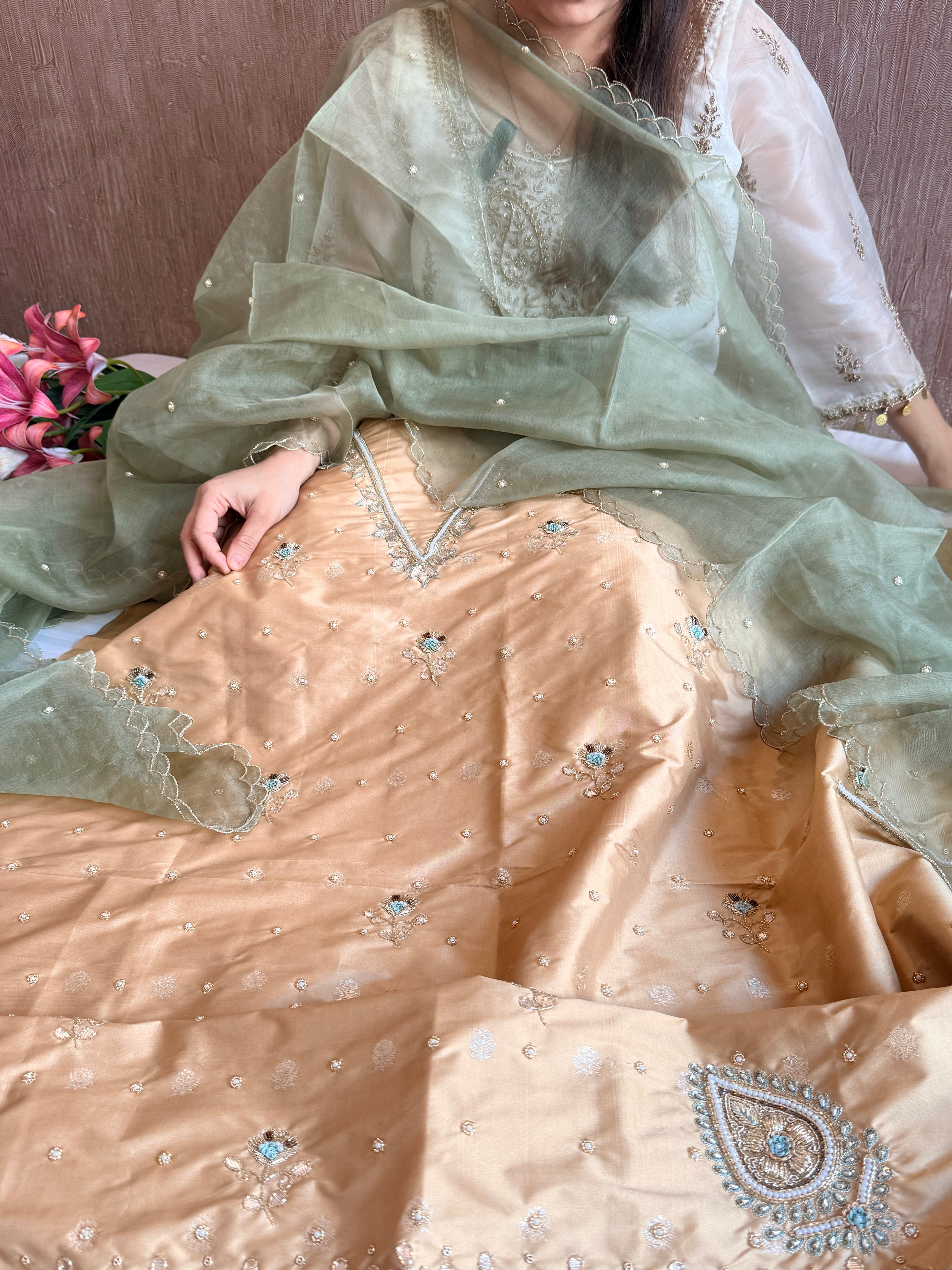 Katan silk hand embroidered banarasi kurta paired with kora silk duppata