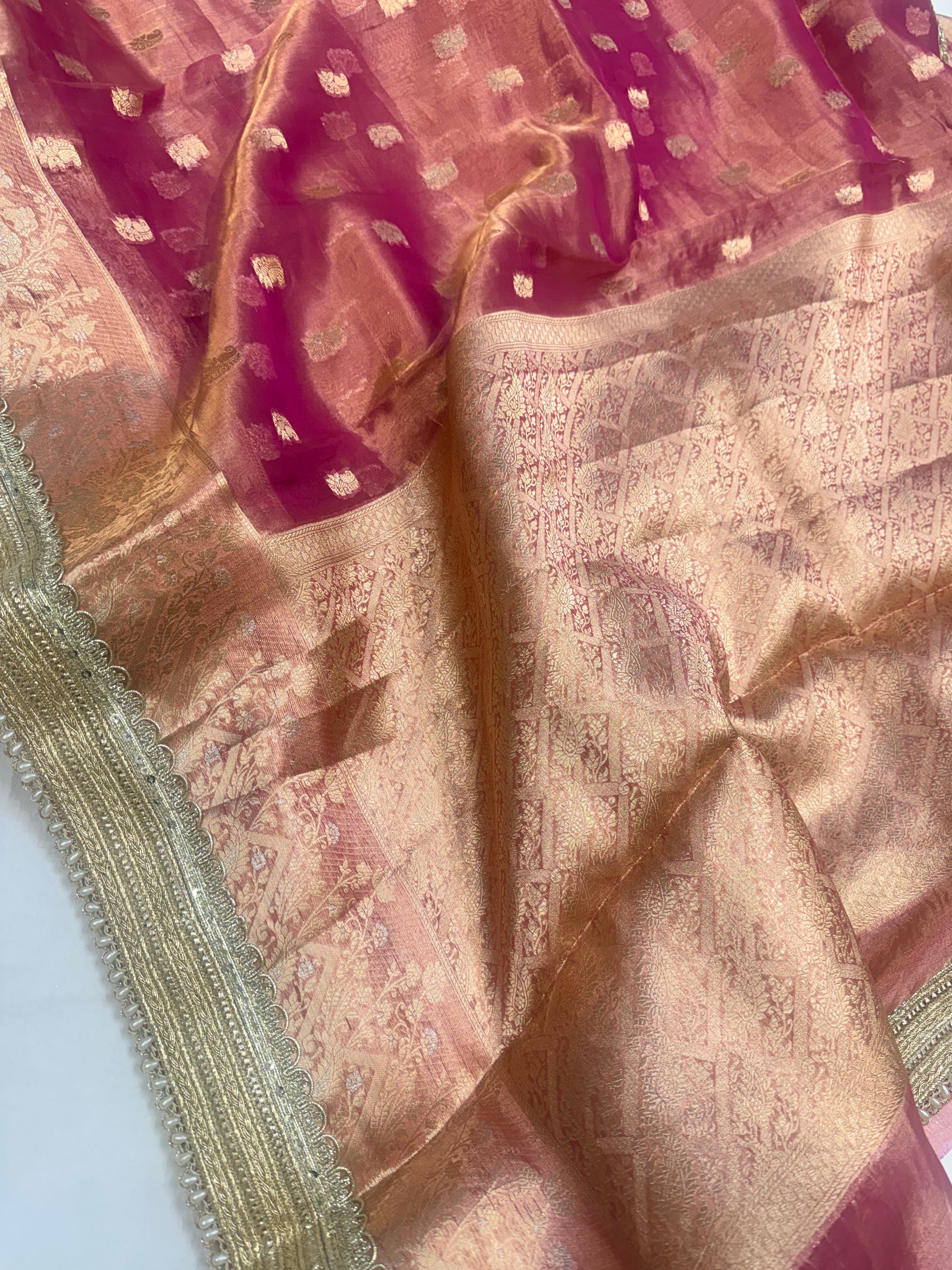 Rani pink tissue silk kadhwa buti gotapatti saree
