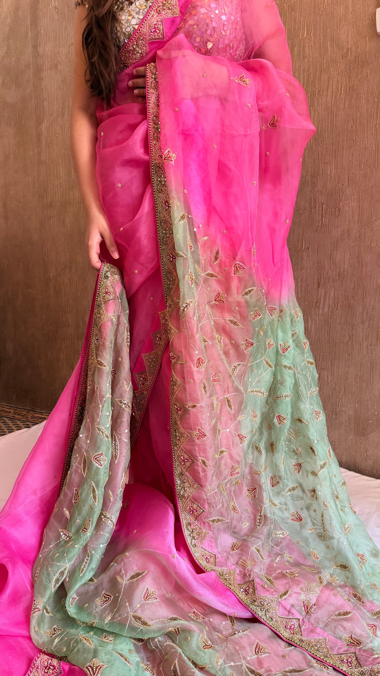 Gulkand edit - Banarasi kora silk ombre shaded hand embroidered kadhwa saree preorder on 15 days