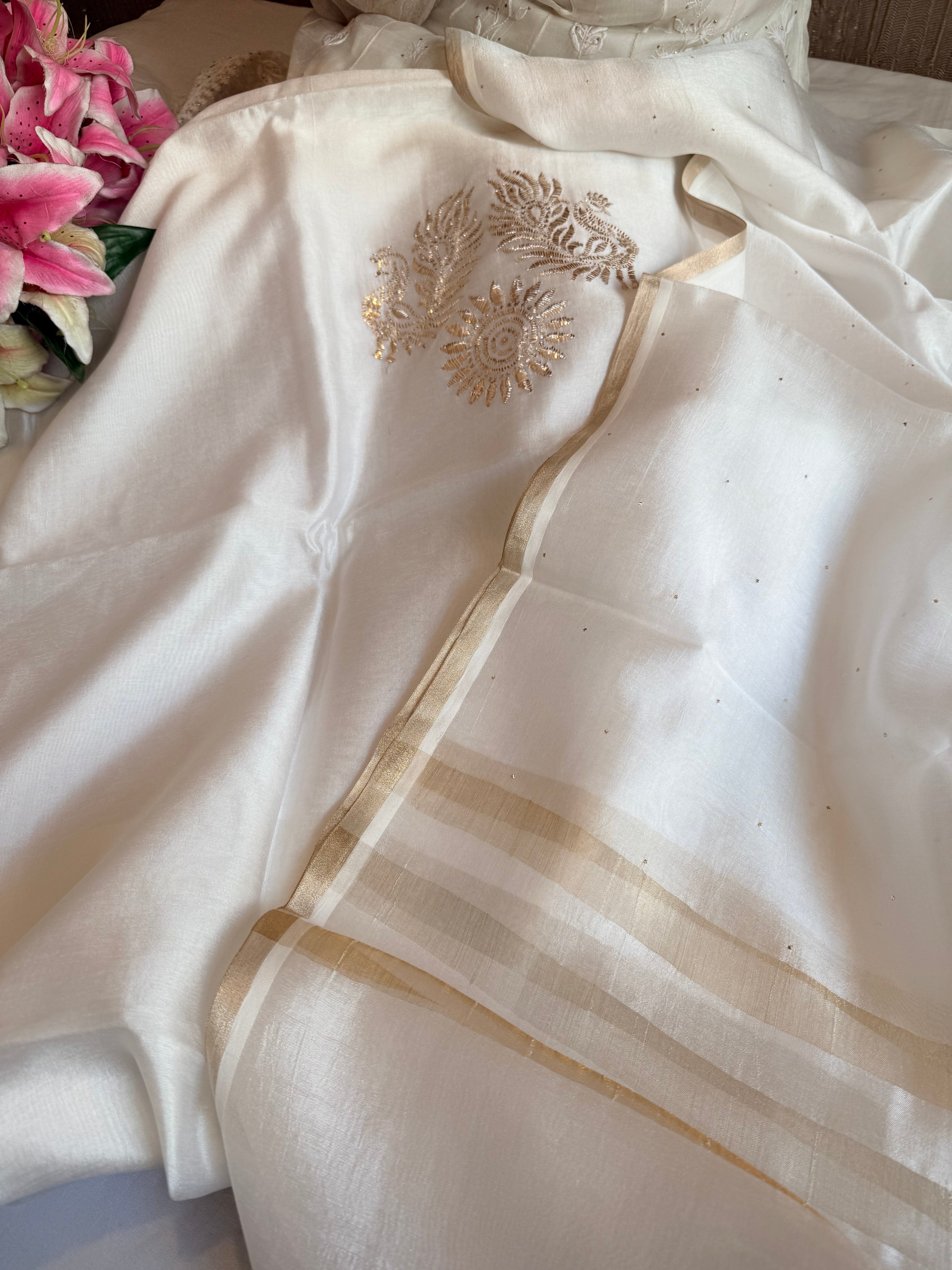Pearl white spun chiniya silk mukaish hand embroidered suit sets