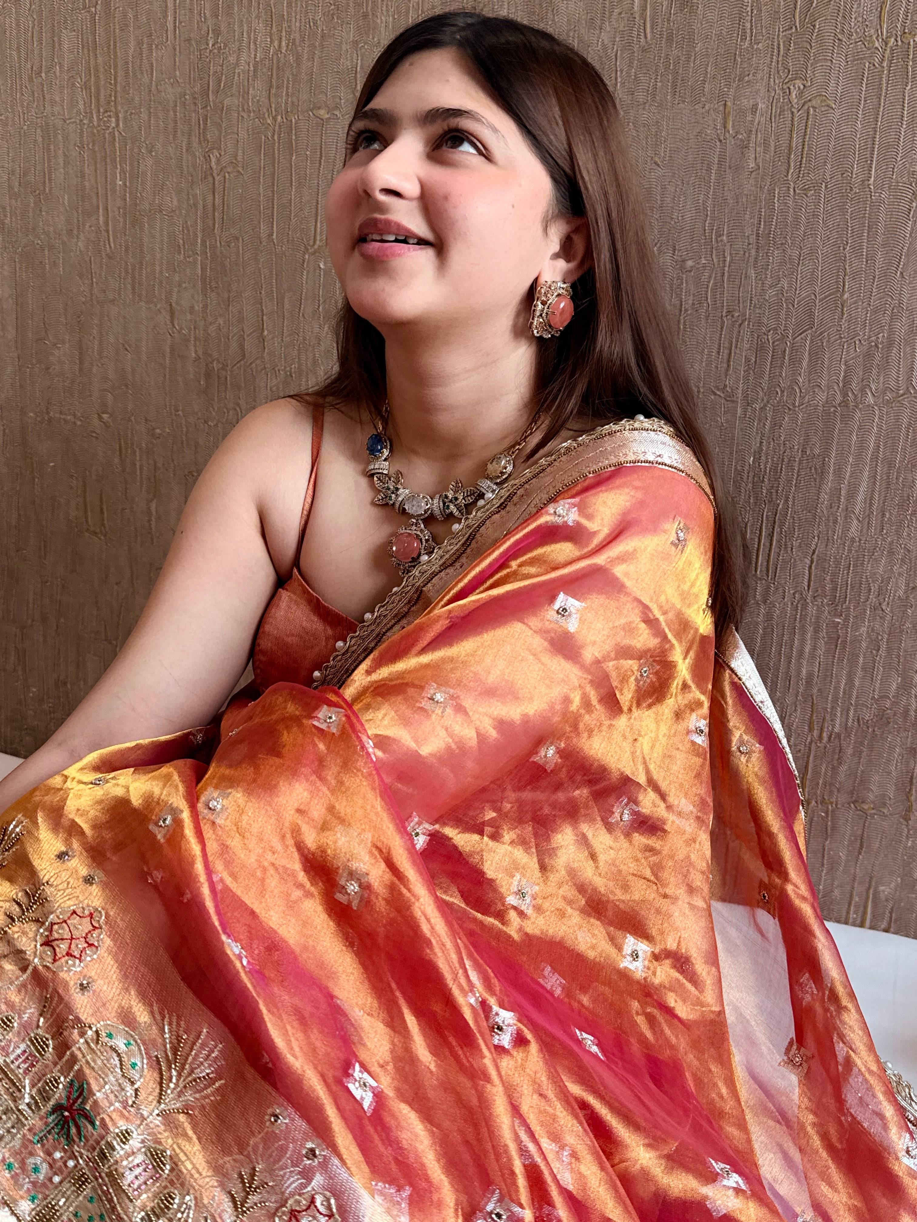 Ganga-darshan edit - Tissue silk kanjivaram cherry pink hand embroidered kadhwa saree