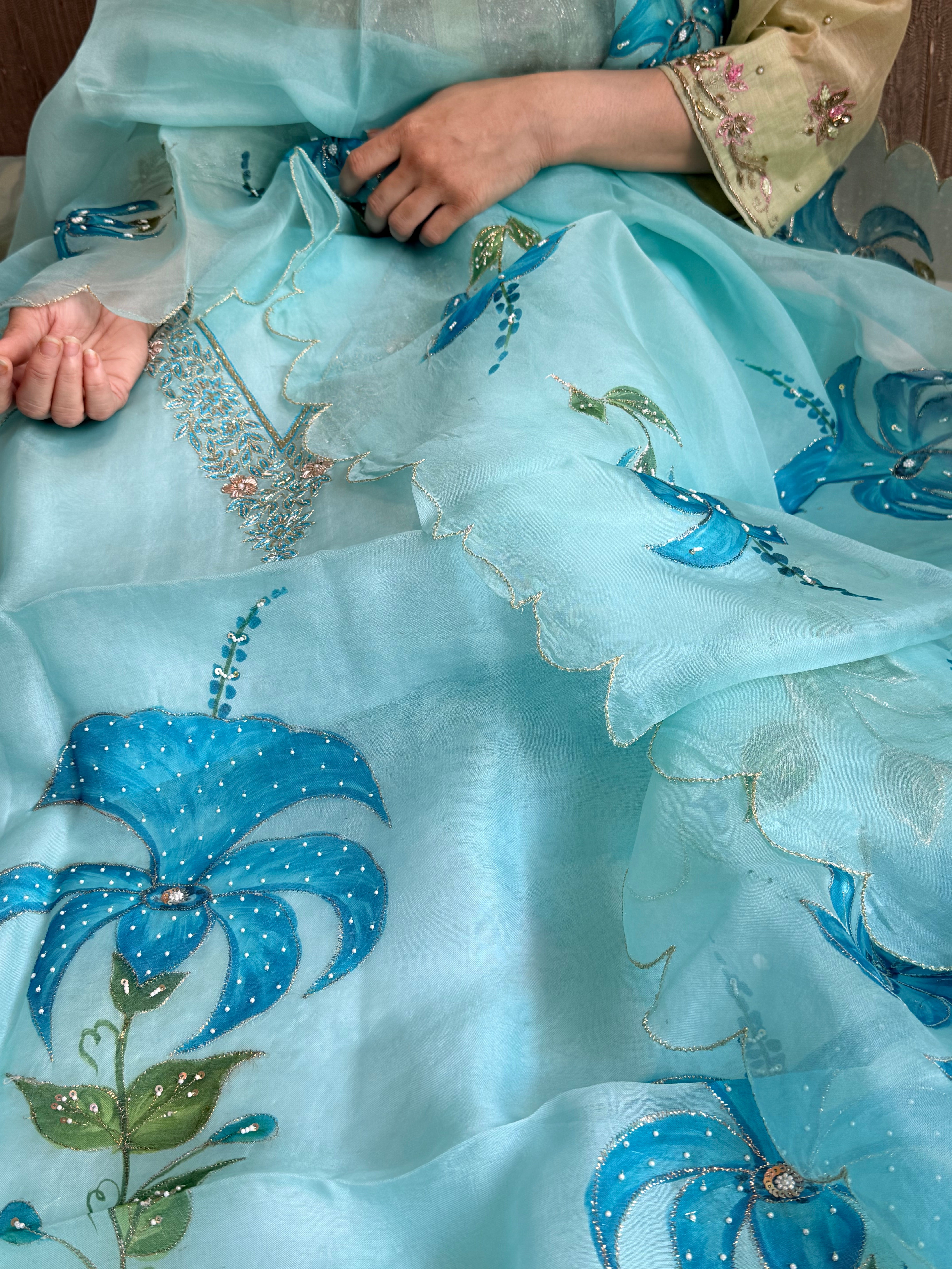 Banarasi Kora silk hand embroidered floral printed suit set
