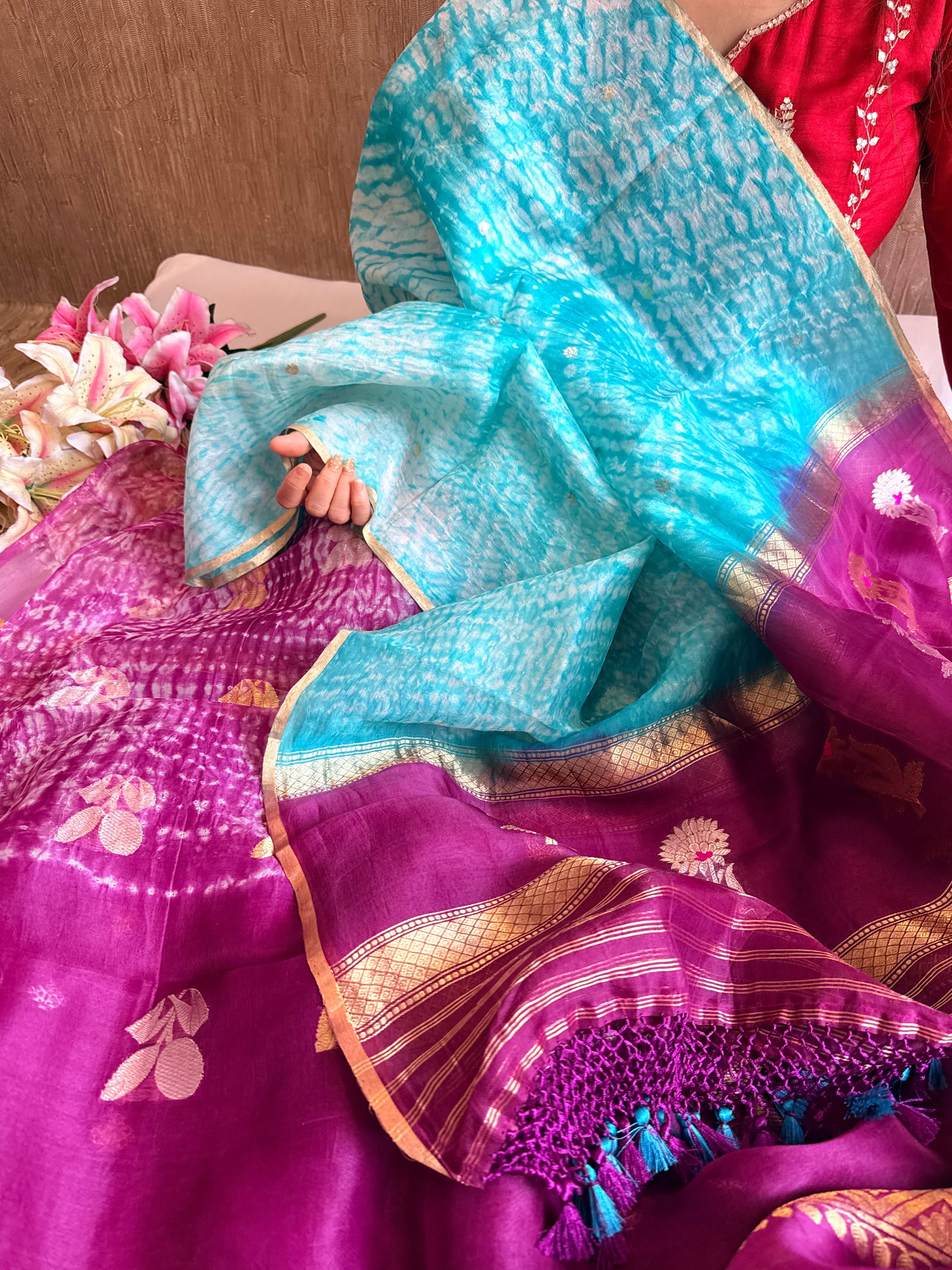 Banarasi kora silk shibori dyed kadhwa buti meenakari suit set