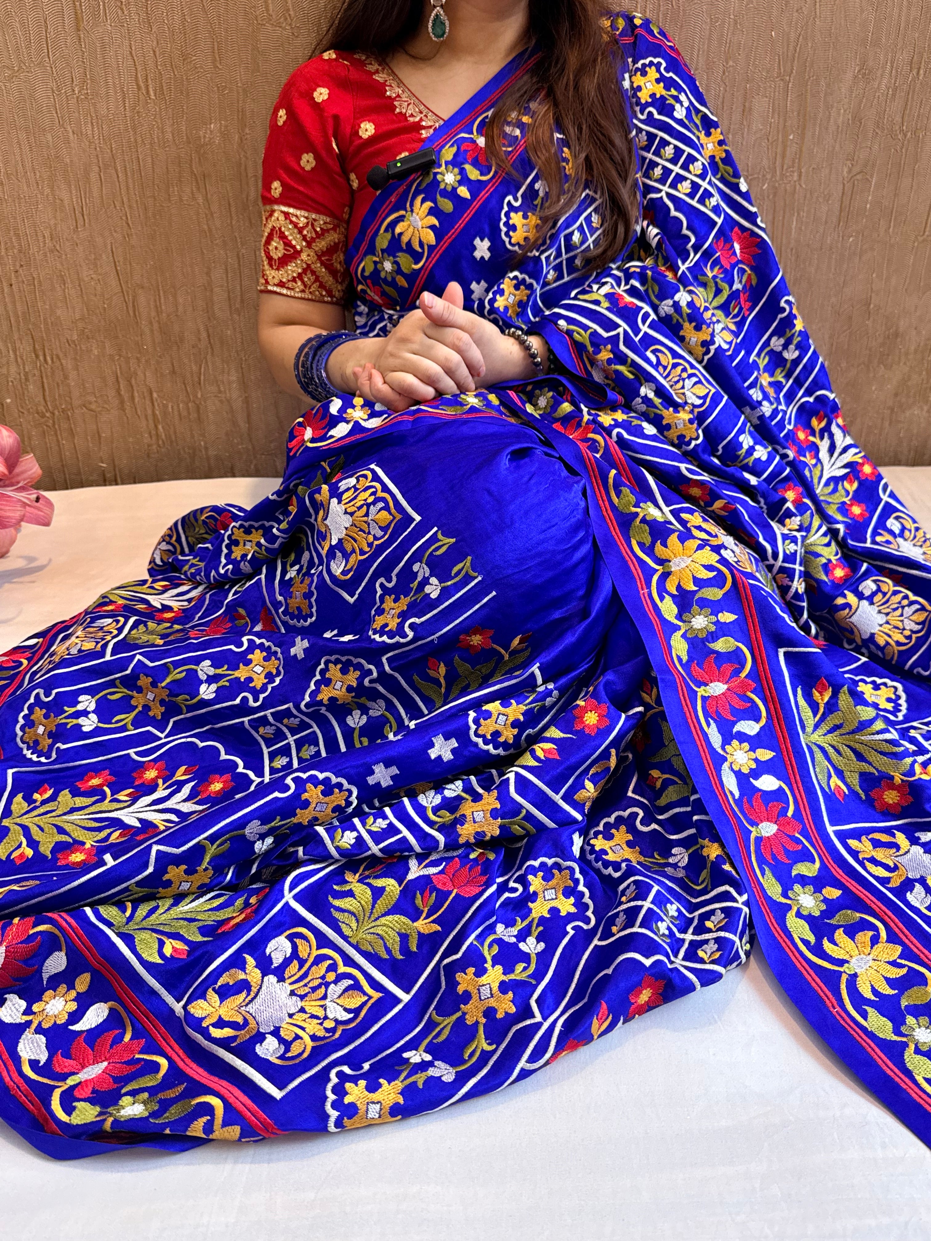 Jamdani hand embroidered ink blue mashru silk thread embroidered saree