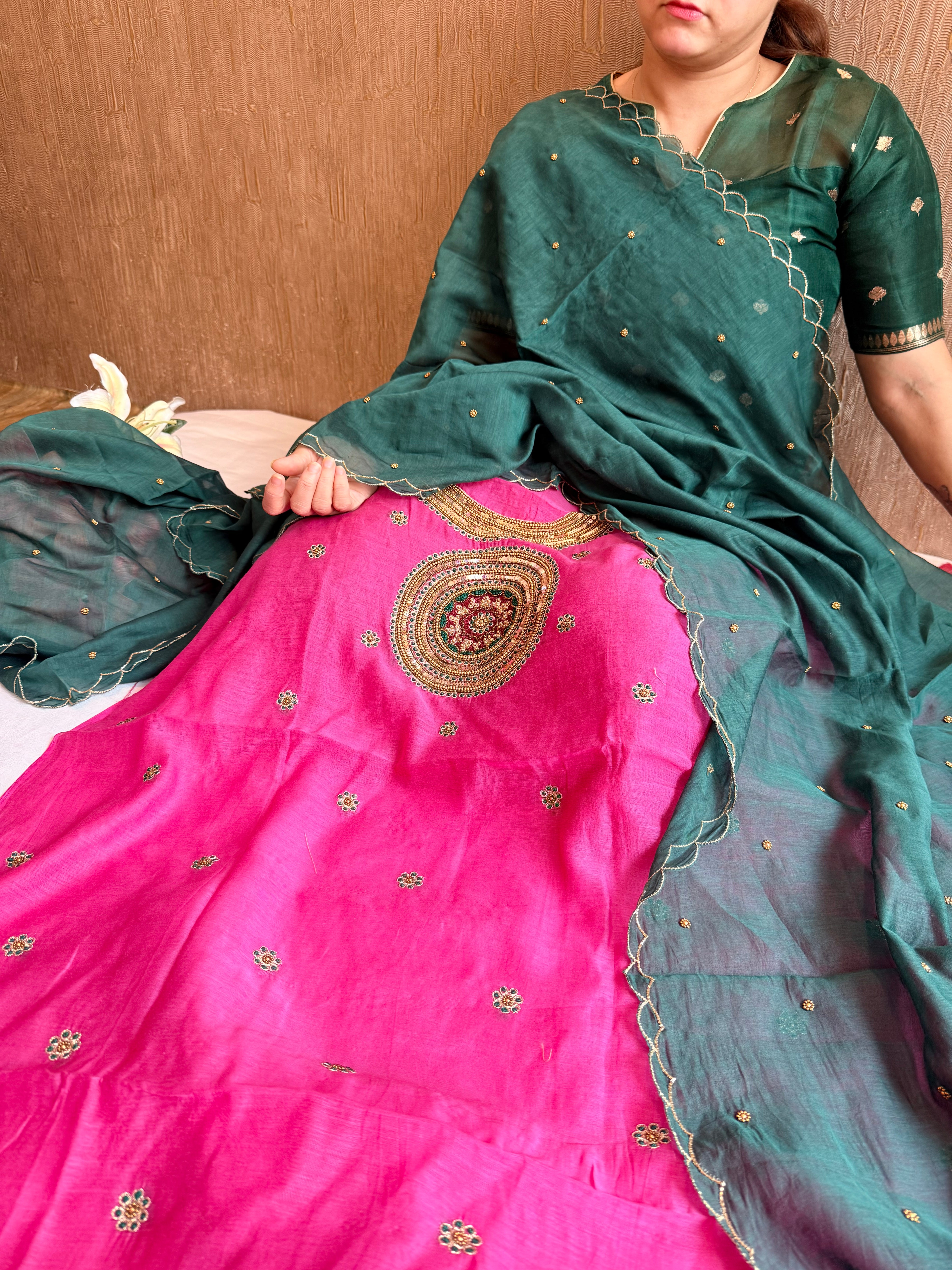 Mul cotton mandala inspired hand embroidered kadhwa suit set