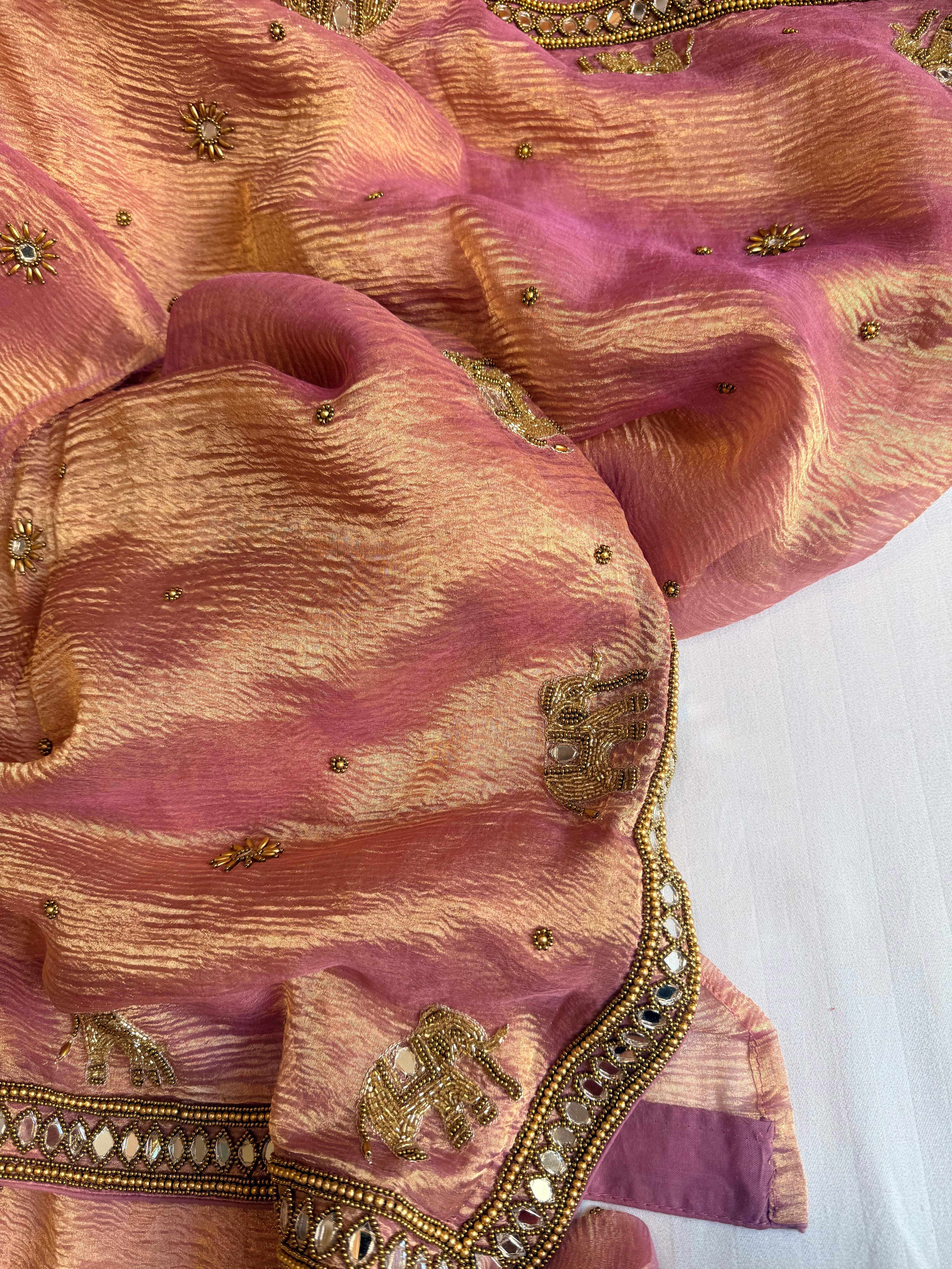 Mirrorwork edit blush pink crushed tissue silk hand embroidered saree