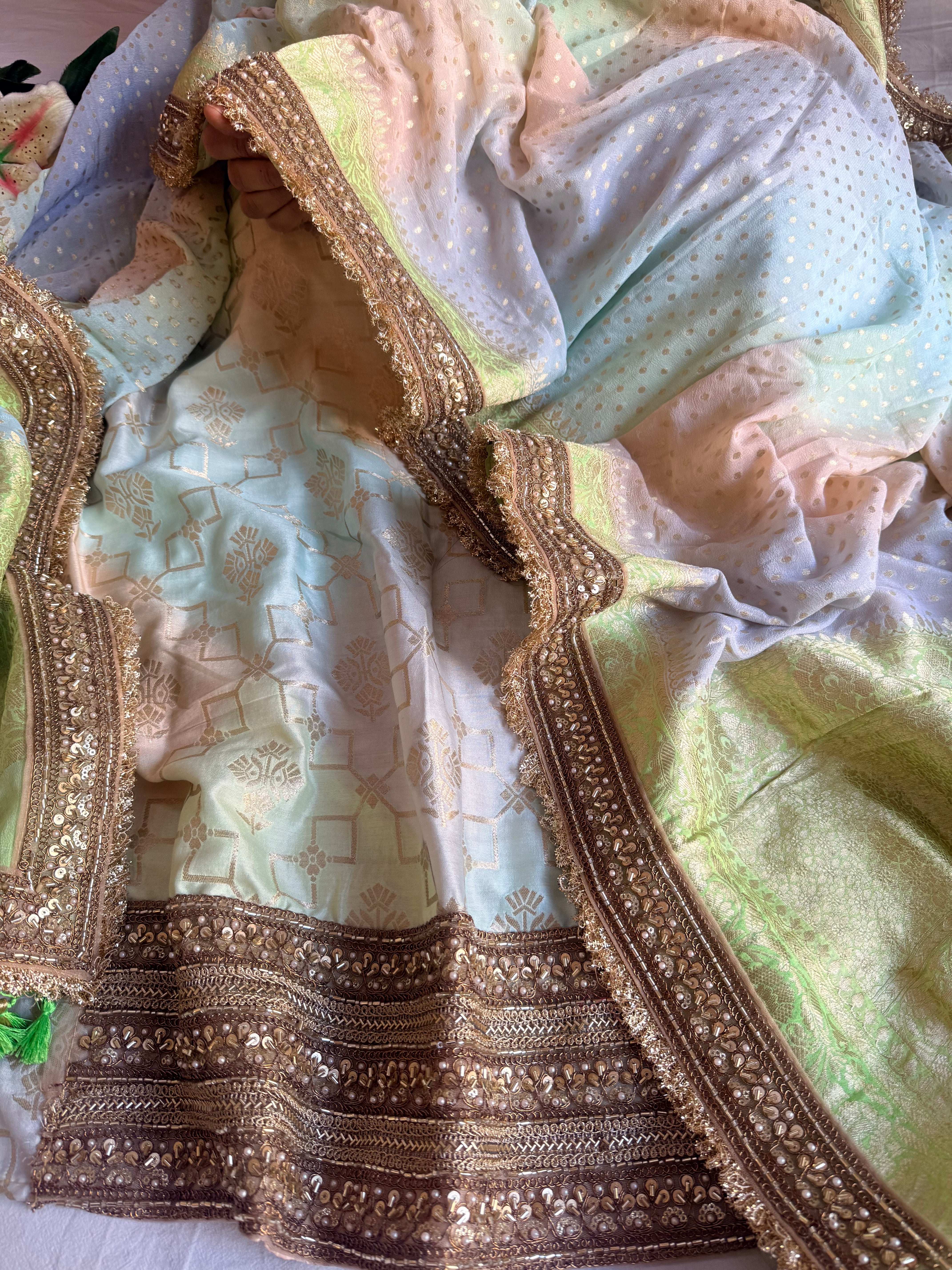 Multishaded moonga silk hand embroidered zardozi work suit set