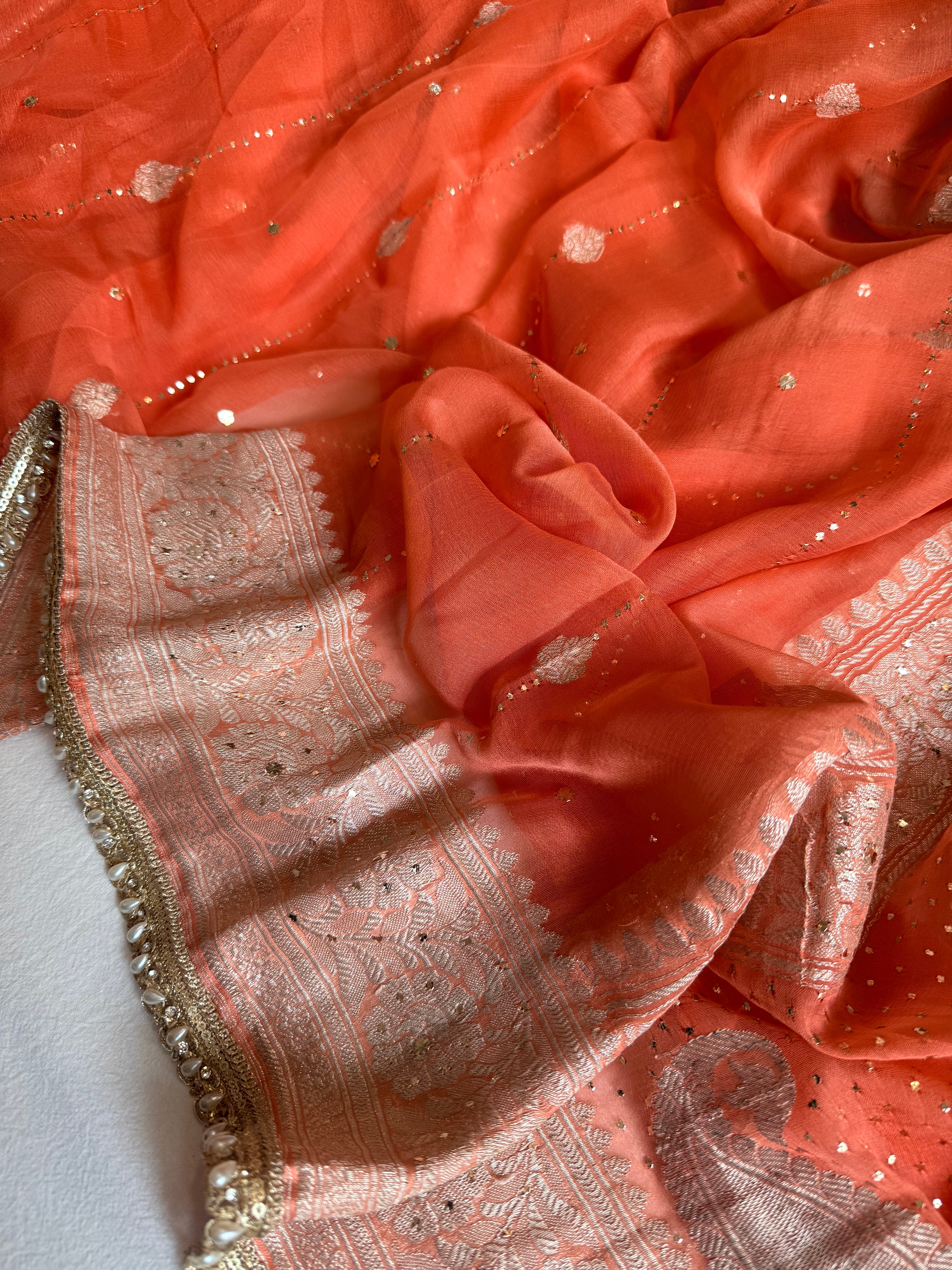 Chiffon gorgette banarasi fanta orange mukaish work hand embroidered saree