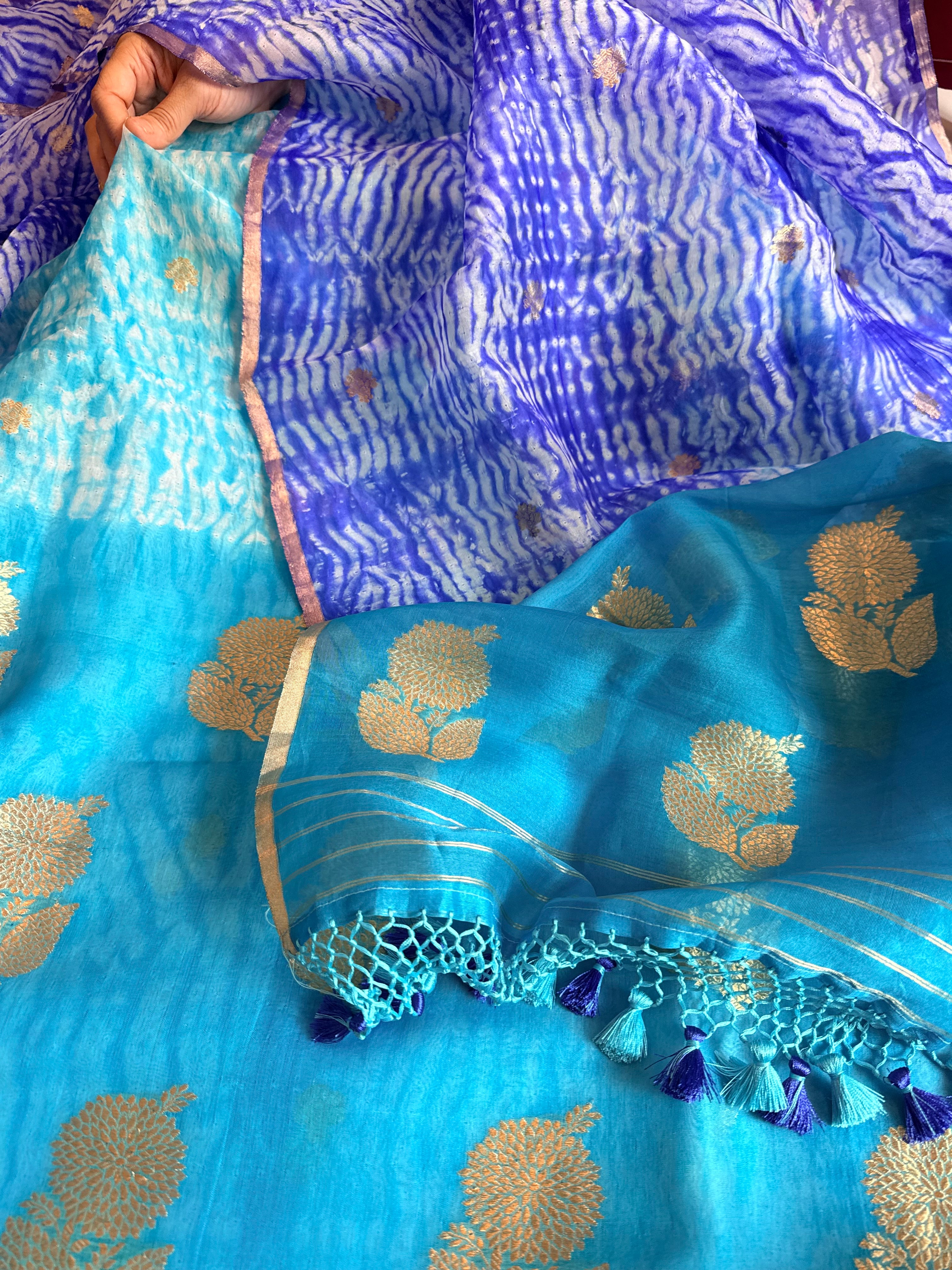 Banarasi kora silk shibori dyed kadhwa buti meenakari suit set
