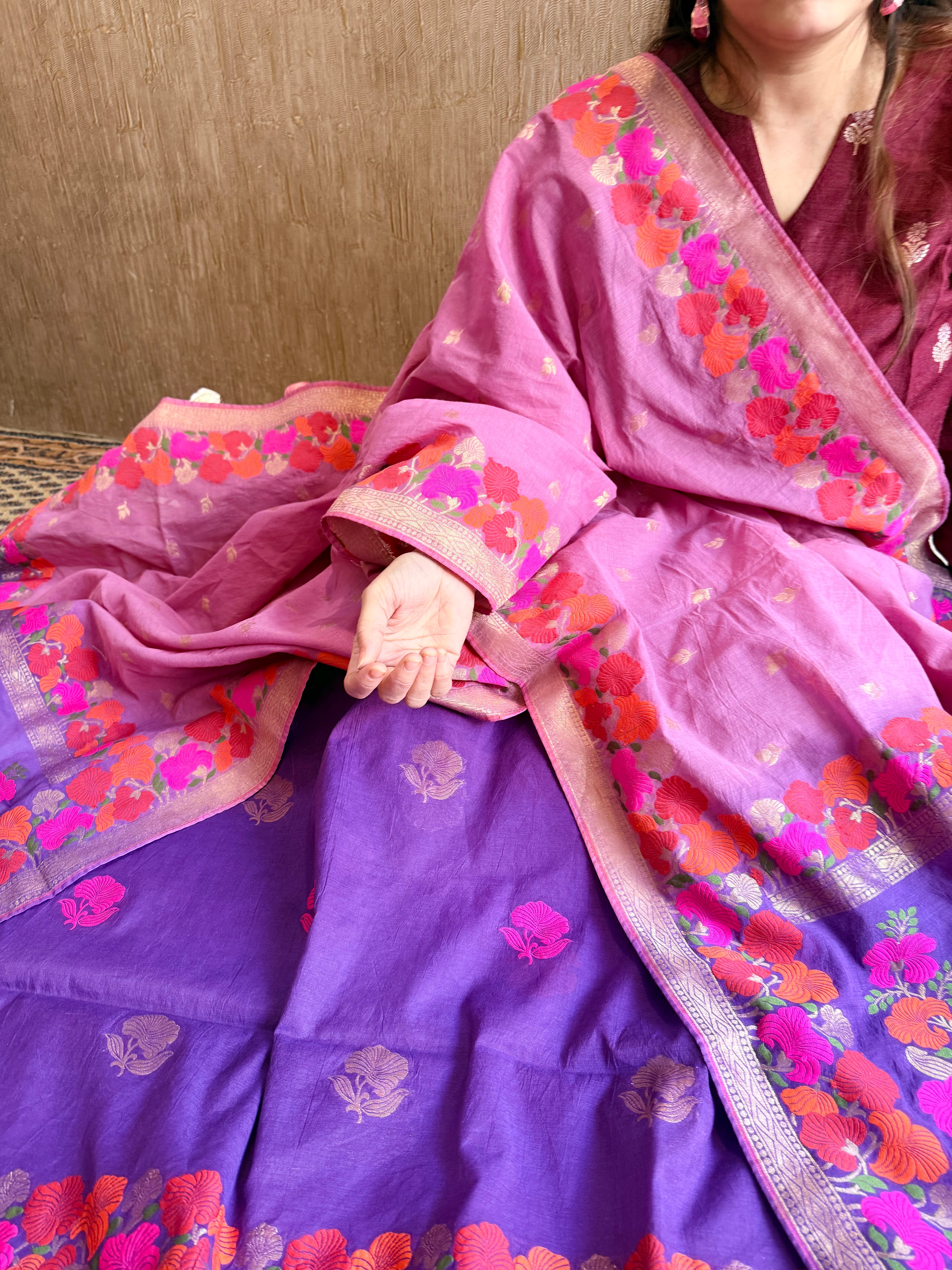 Mul cotton banarasi kadhwa buti purple - lavender suit set