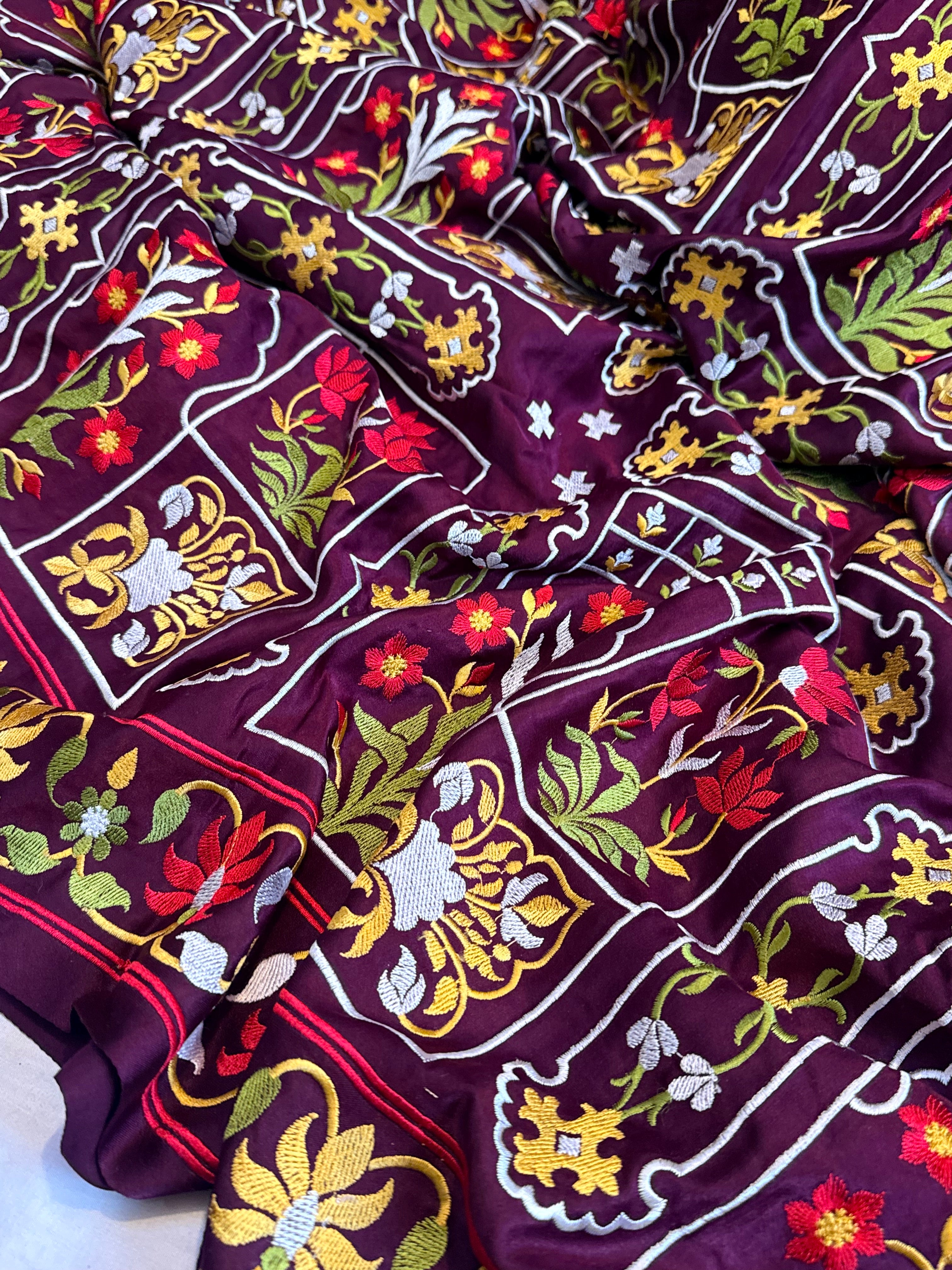Jamdani hand embroidered wine mashru silk thread embroidered saree