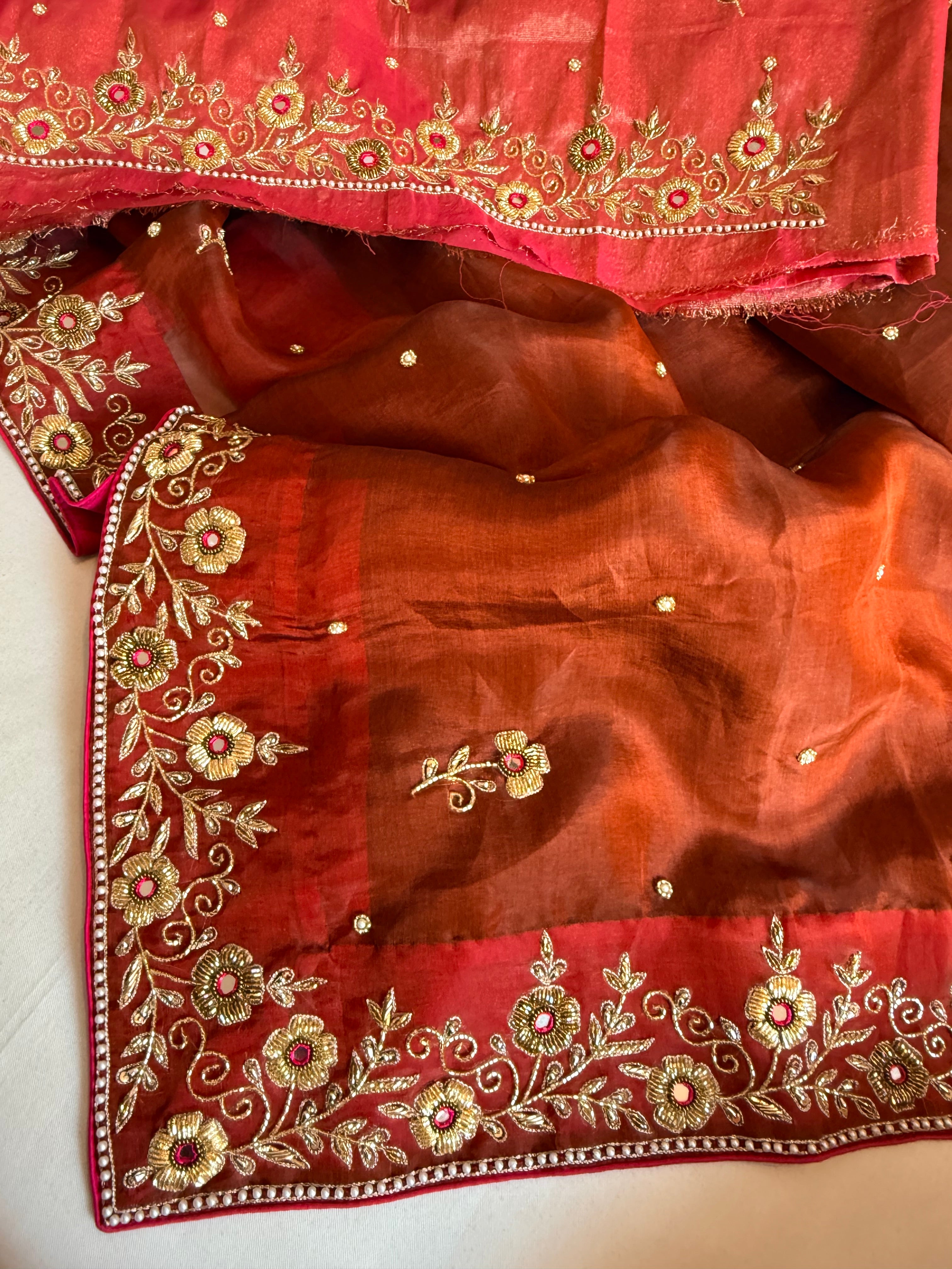 Mud brown-rani pink combination mirror and zardozi work tissue silk saree
