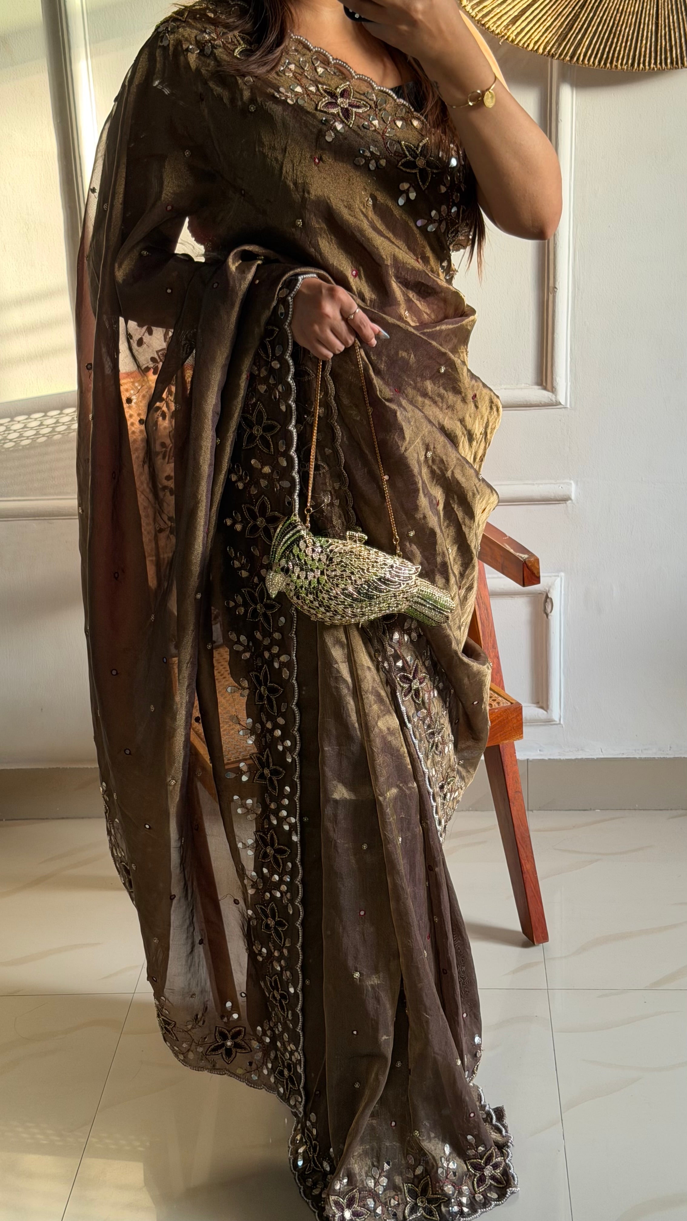 Sheesha aur moti - Chocolate brown mirrorwork and pearlwork hand embroidered saree