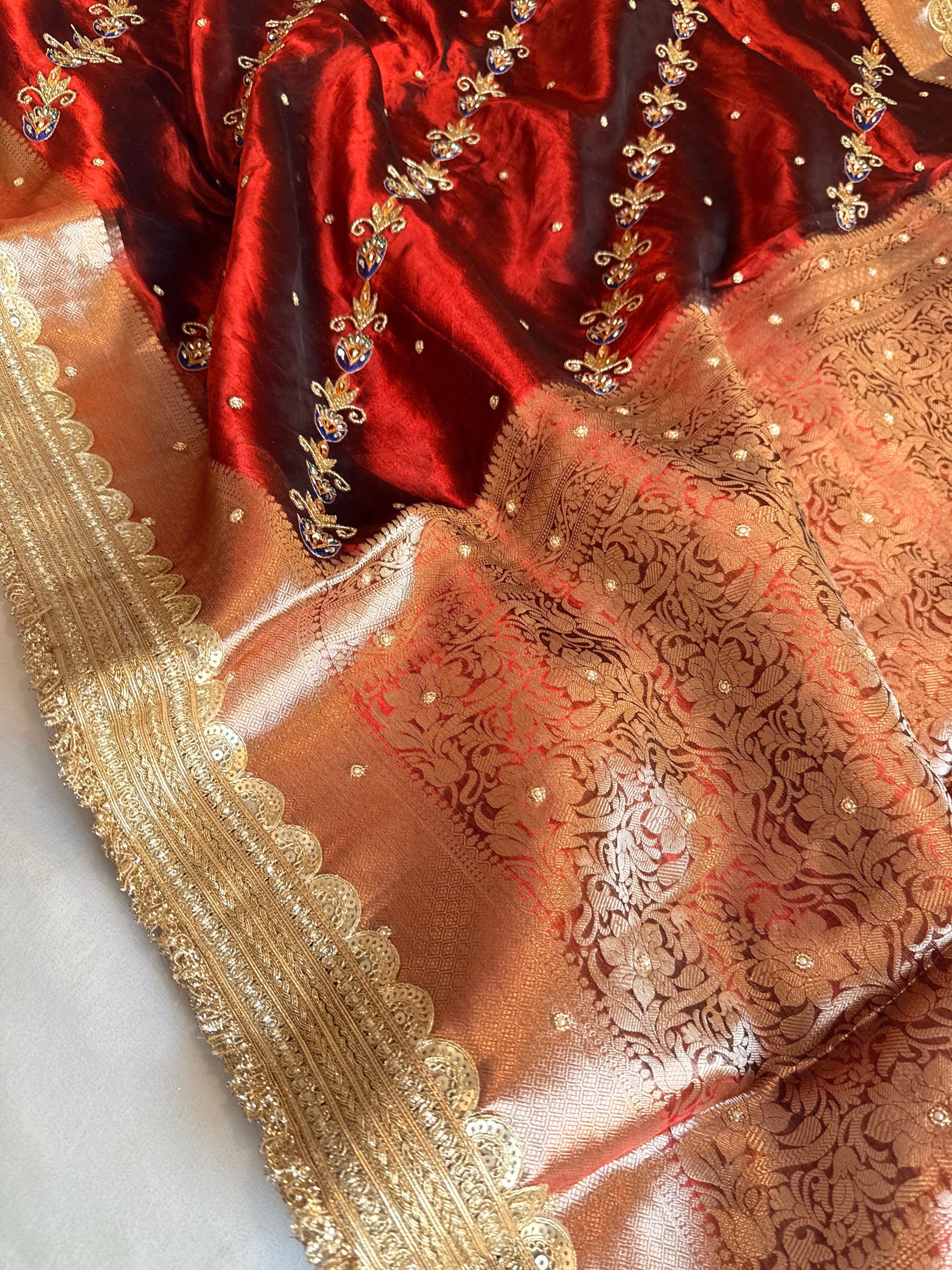 Maharani chand buta kadhwa tissue silk hand embroidered saree duppata set