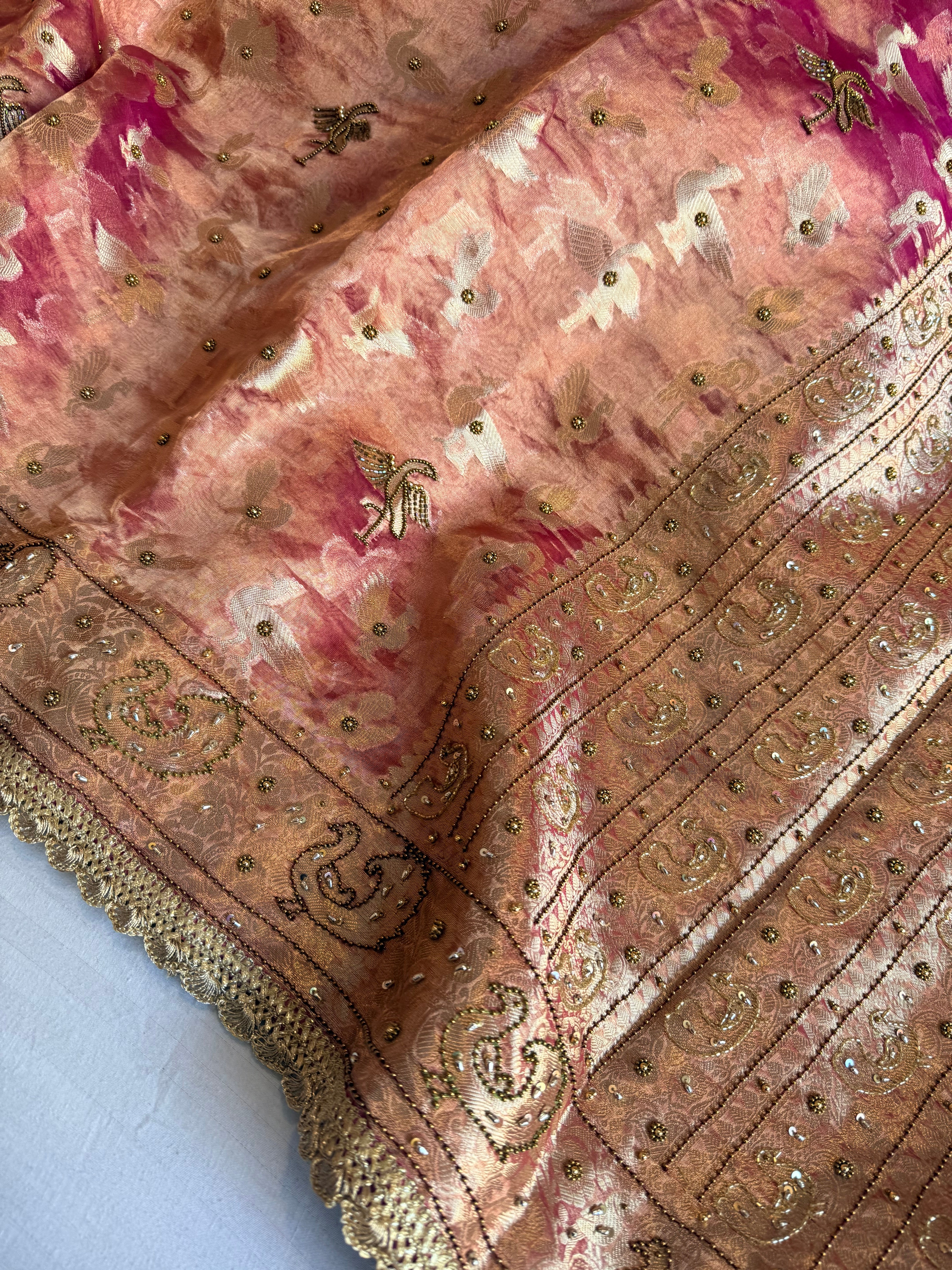 Chiraiya wali saree - Rani pink tissue silk figure motif weaving and hand embroidered saree